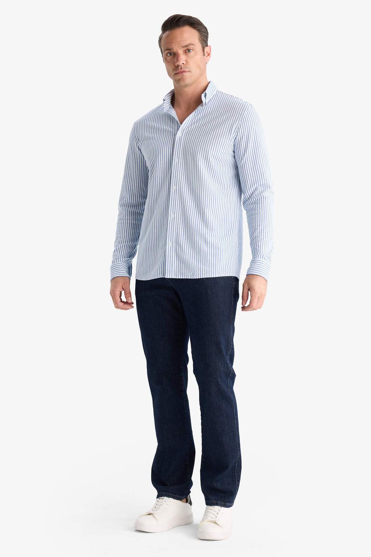Defacto  Regular Fıt Polo Yaka Çizgili Penye Uzun Kollu Gömlek E8084AX25AU - Görsel 2