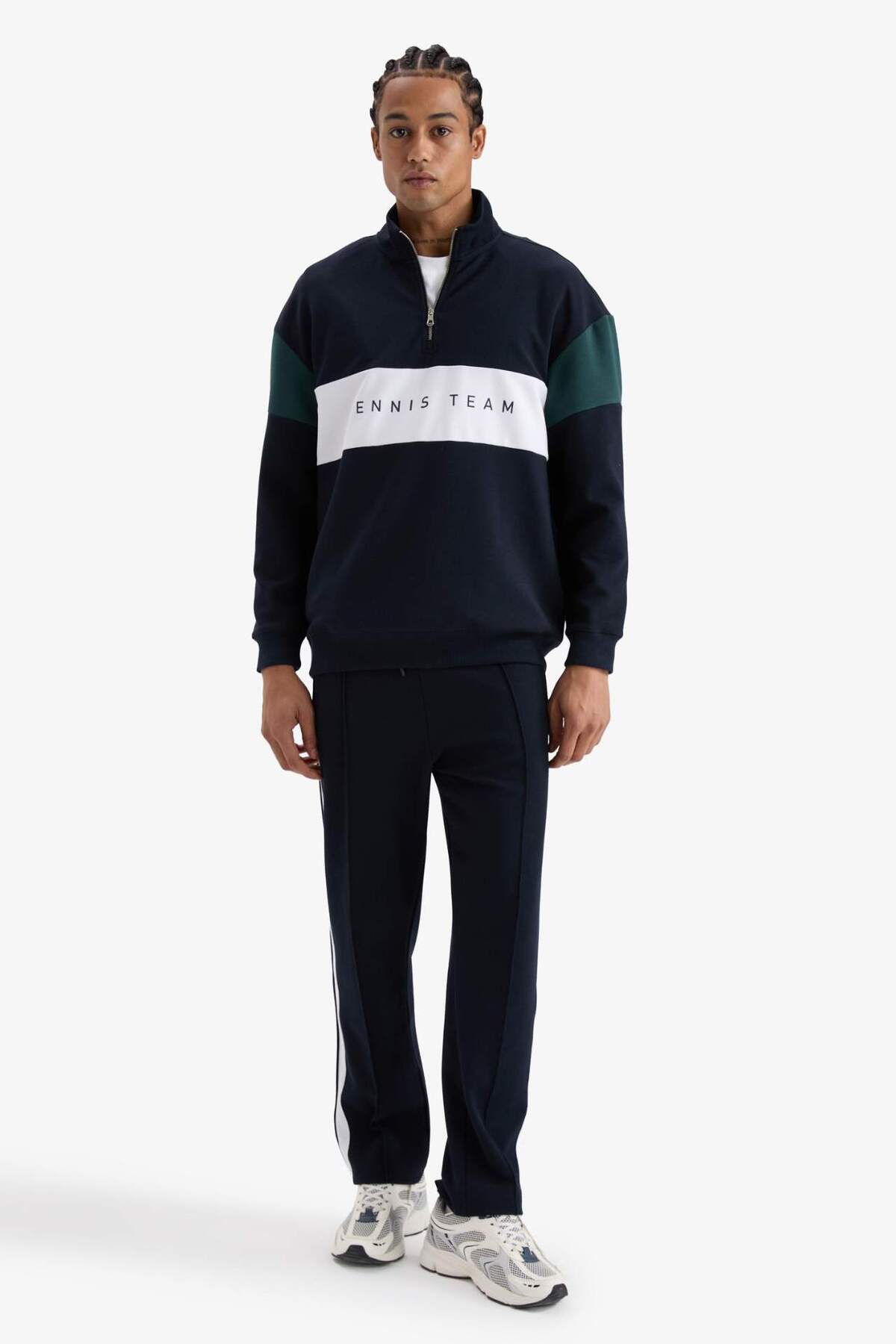 Boxy Fit Dik Yaka Yarım Fermuarlı Sporcu Sweatshirt F0199AX25AU — سرمه‌ای — تصویر 4 از 8