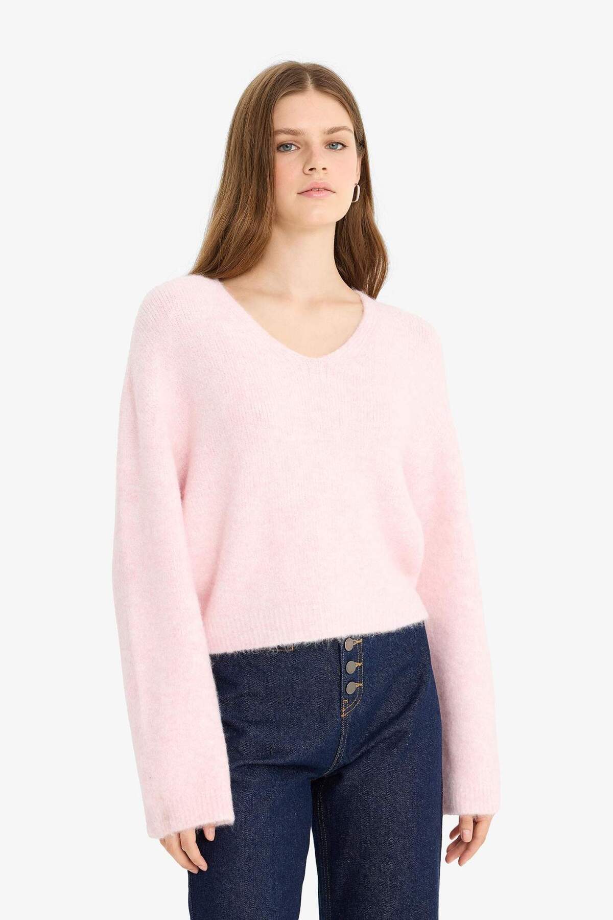 Defacto  V Yaka Yumuşak Dokulu Dikişsiz Triko Kazak F4800AX25WN - Görsel 6