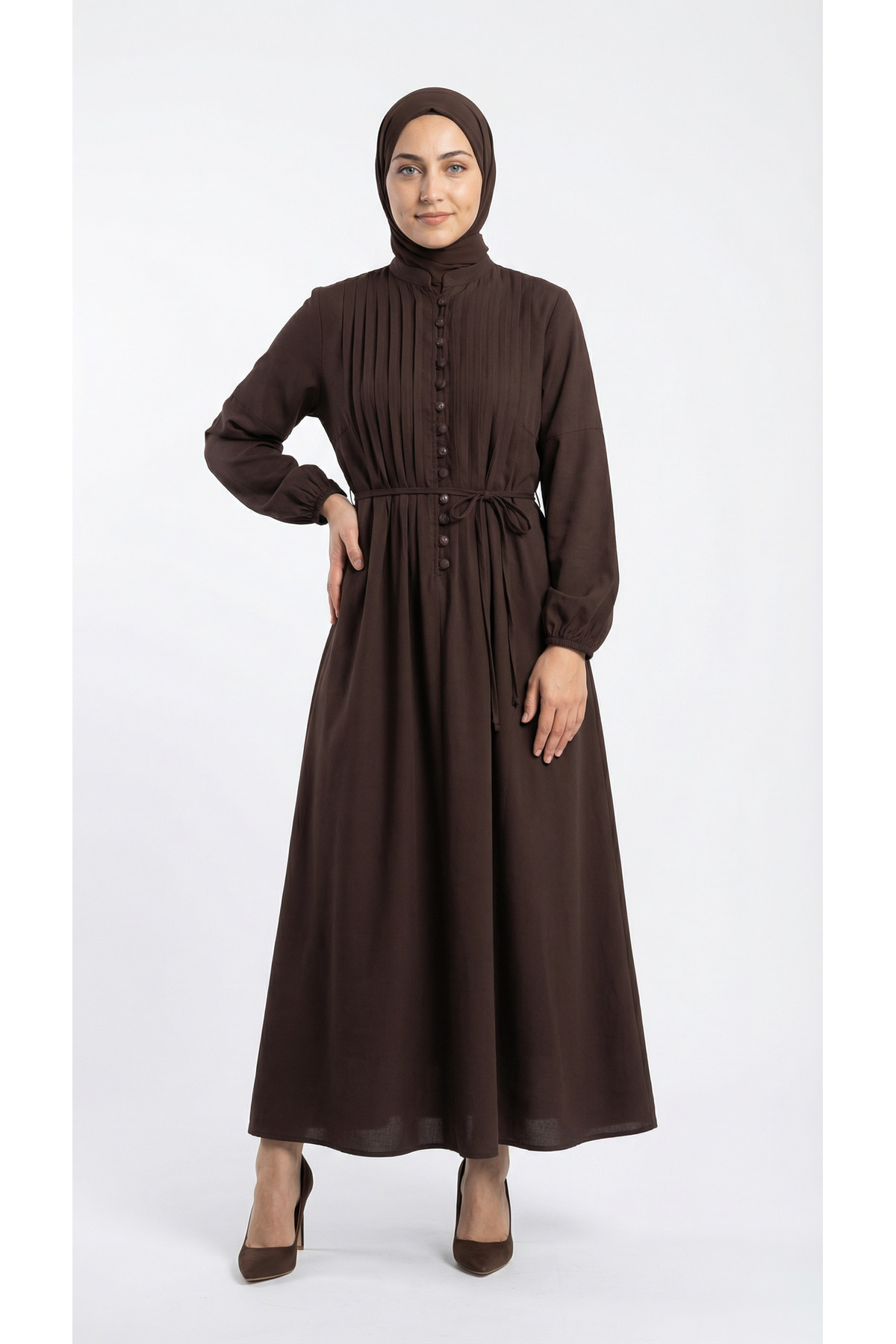 MİHRA STORE  Nursel Nervürlü Biyeli Modal Elbise-ZN2094 Kahve