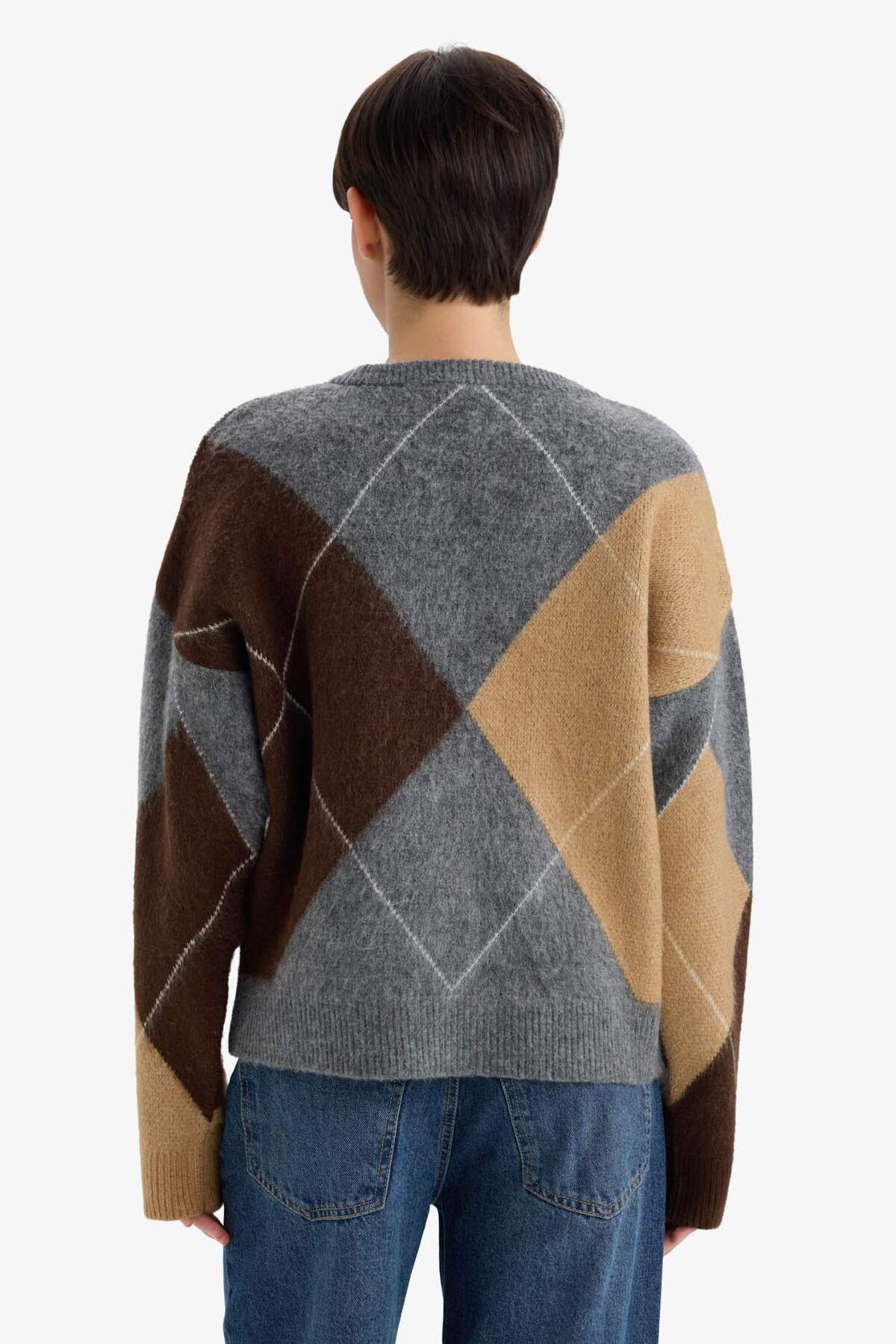 DeFacto Relax Fit Bisiklet Yaka Baklava Desenli Triko Kazak G2185AX25WN görsel 6