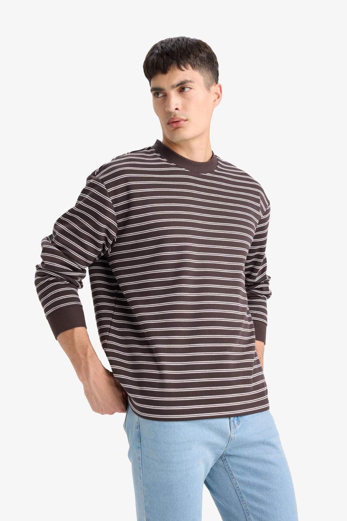 DeFacto Relax Fit Bisiklet Yaka Çizgili Sweatshirt E9408AX25AU görsel 5