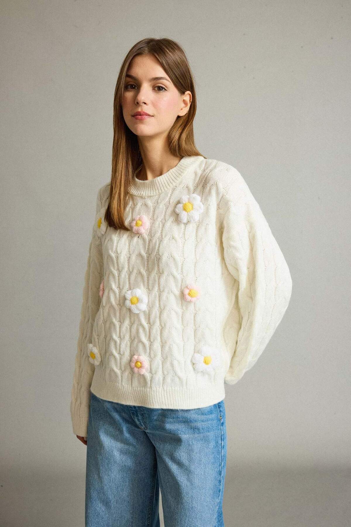 Defacto  Bisiklet Yaka Çiçekli Triko Kazak G3343AX25AU - Görsel 4