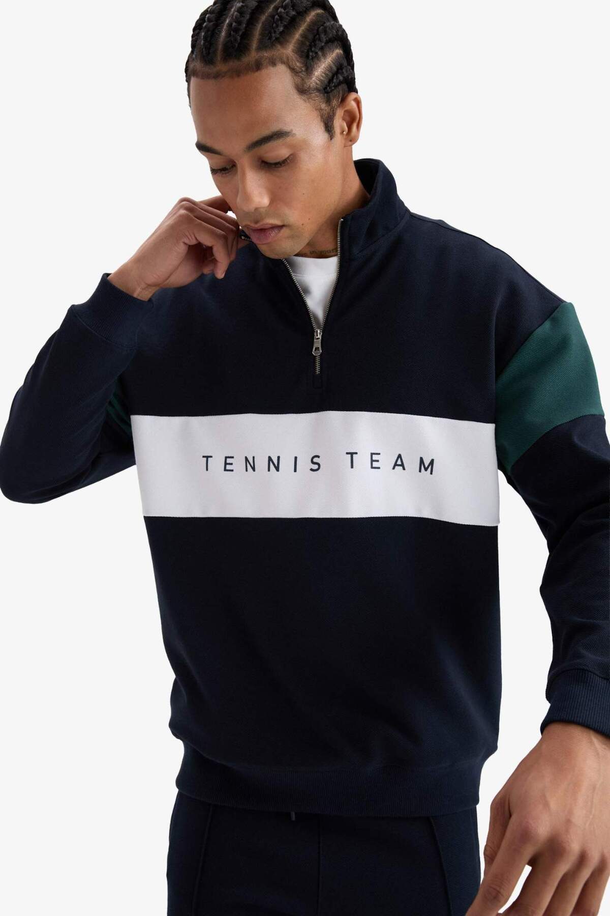 Boxy Fit Dik Yaka Yarım Fermuarlı Sporcu Sweatshirt F0199AX25AU — سرمه‌ای — تصویر 3 از 8