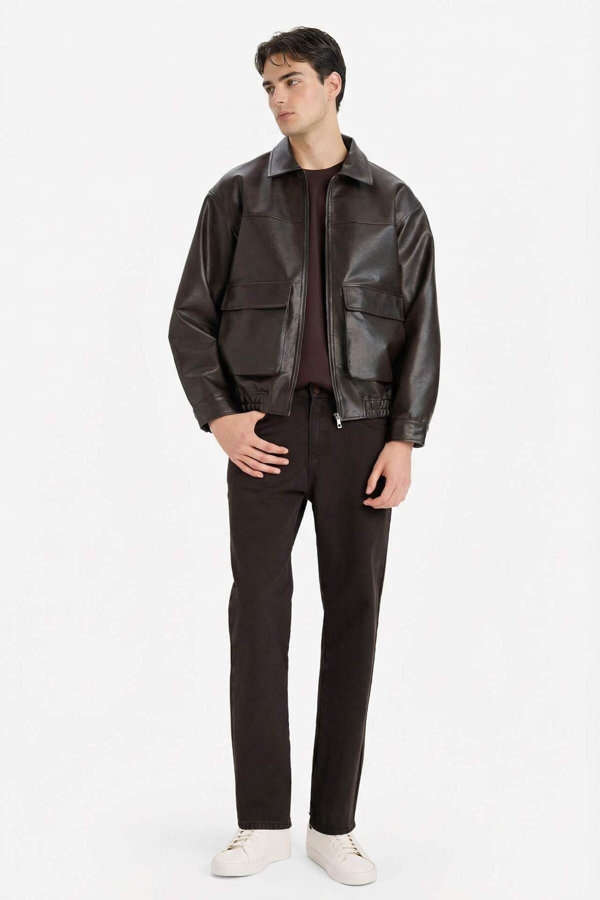 Defacto  Oversıze Gömlek Yaka Fermuarlı Suni Deri Mont E8822AX25AU - Görsel 2