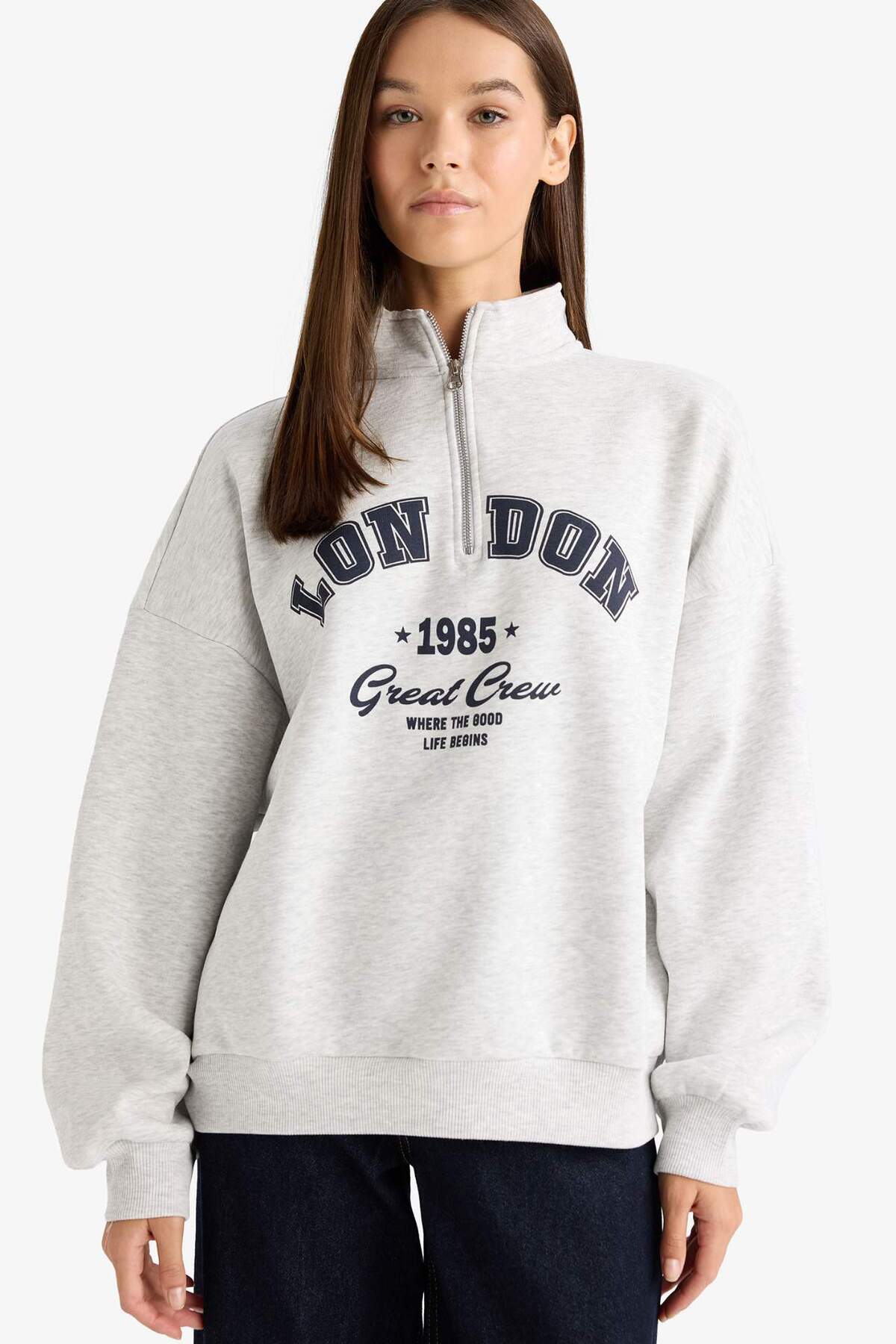 Defacto  Overshırt Fıt Yarım Fermuarlı Baskılı Kalın Kumaş Sweatshirt F9433AX25WN - Görsel 3