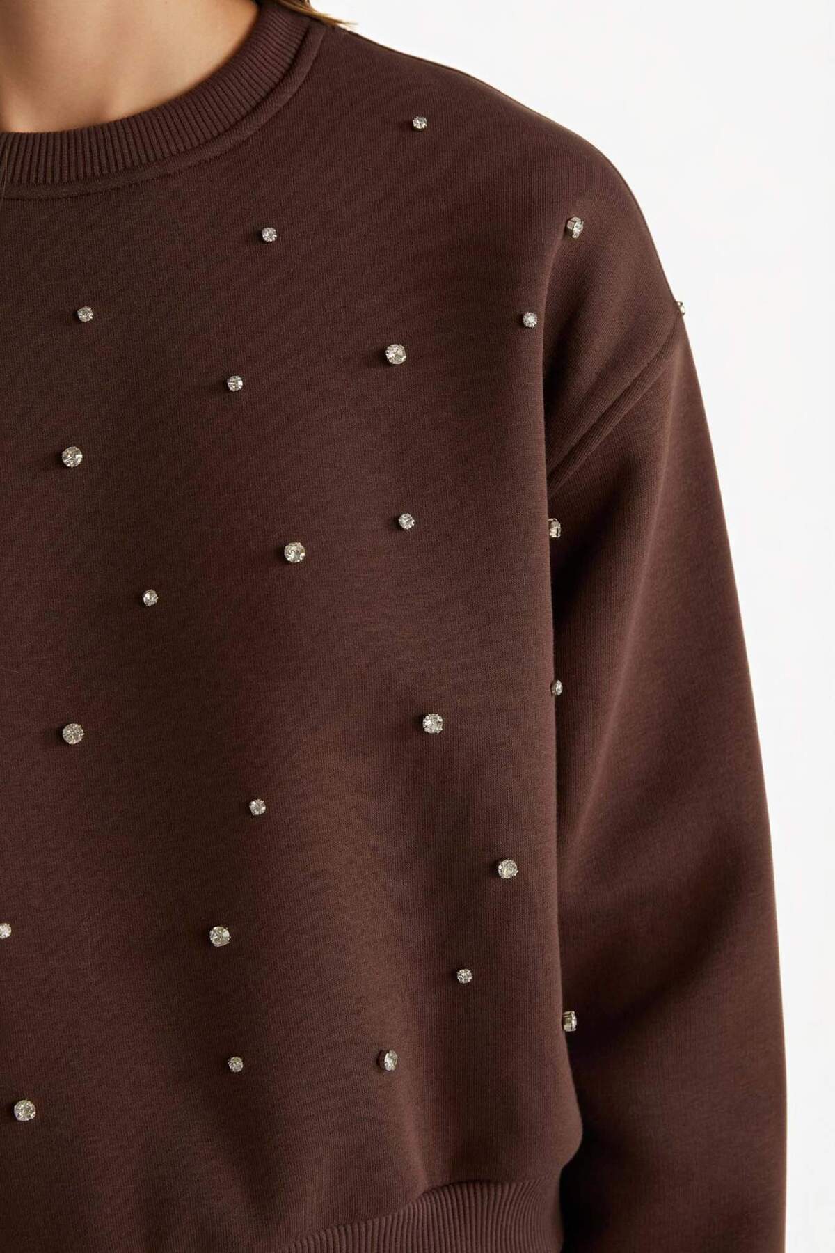 Defacto  Boxy Fit Bisiklet Yaka İşlemeli Kalın Sweatshirt G2153AX25WN - Görsel 3