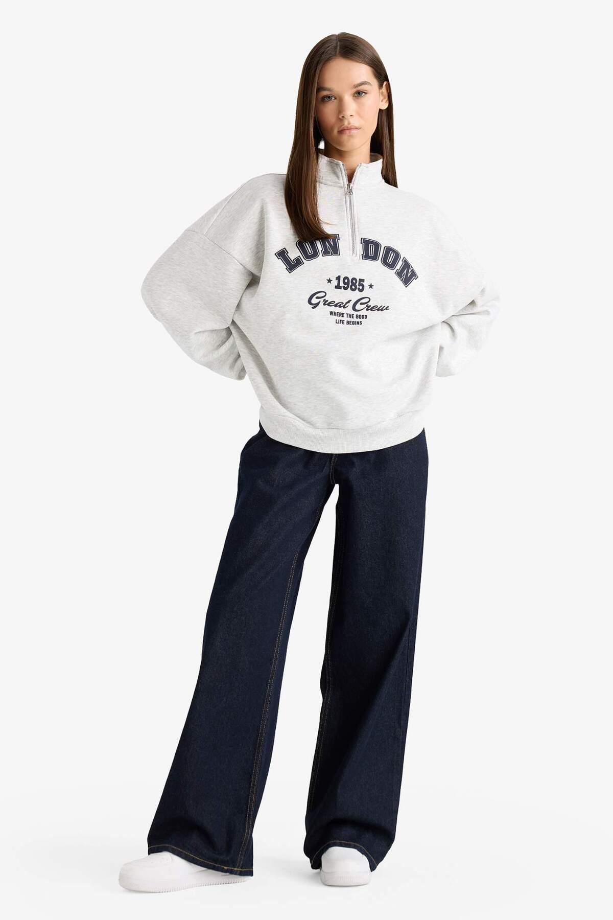 Defacto  Overshırt Fıt Yarım Fermuarlı Baskılı Kalın Kumaş Sweatshirt F9433AX25WN - Görsel 2