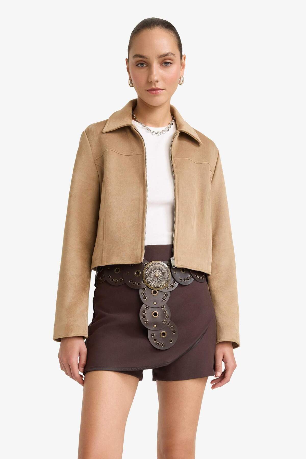 Defacto  Su Geçirmez Regular Fit Polo Yaka Fermuarlı Süet Ceket Mont E8701AX25AU - Görsel 5