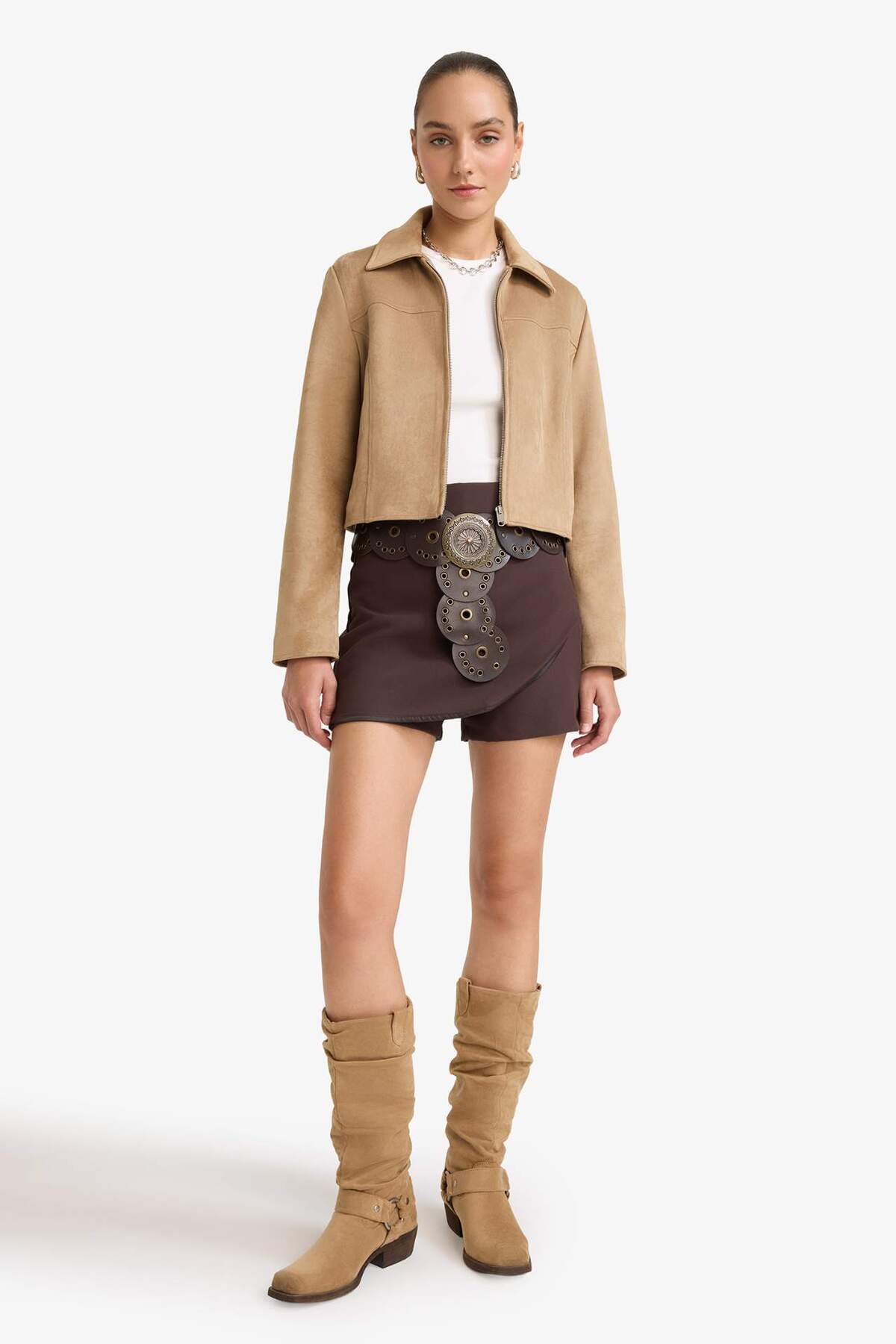 Defacto  Su Geçirmez Regular Fit Polo Yaka Fermuarlı Süet Ceket Mont E8701AX25AU - Görsel 2