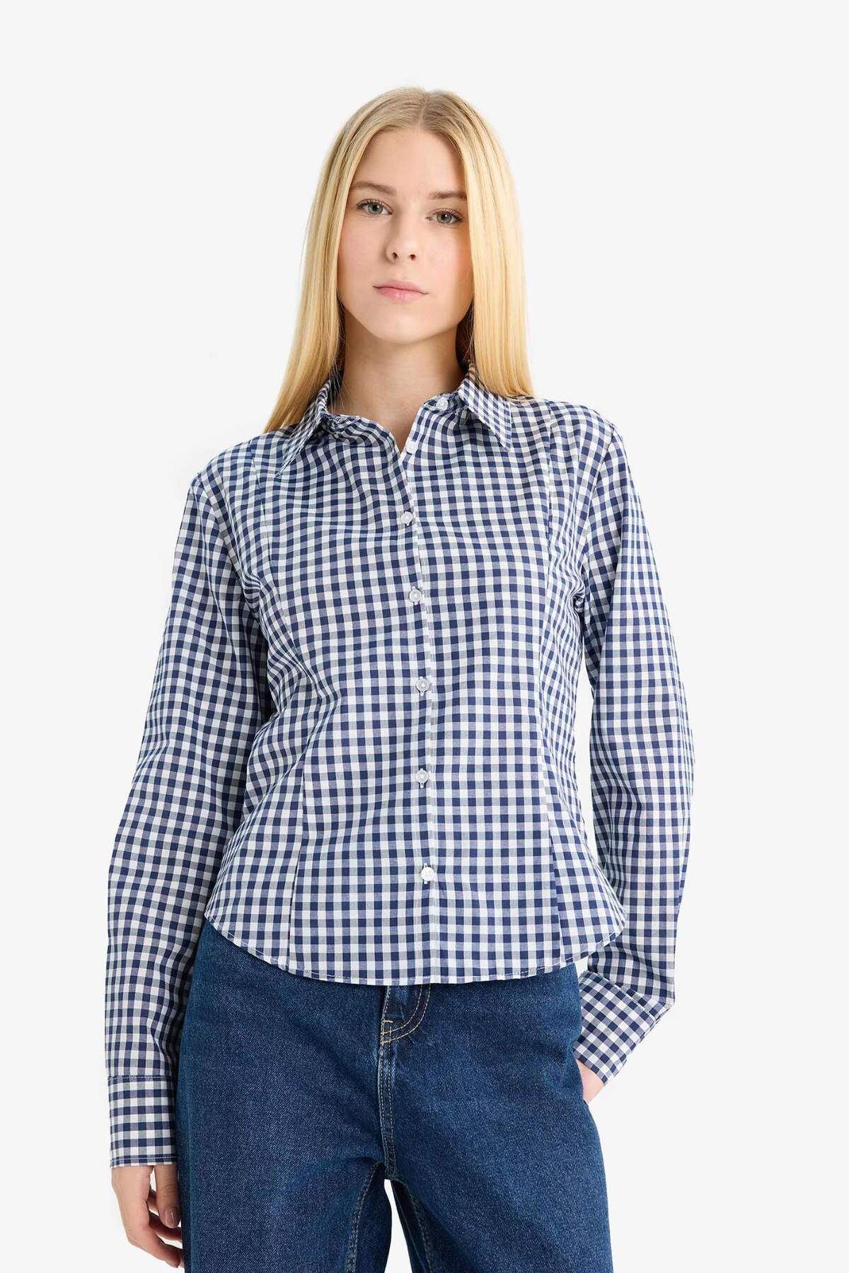 DeFacto Fitted Kareli Poplin Uzun Kollu Gömlek F9285AX25AU görsel 3