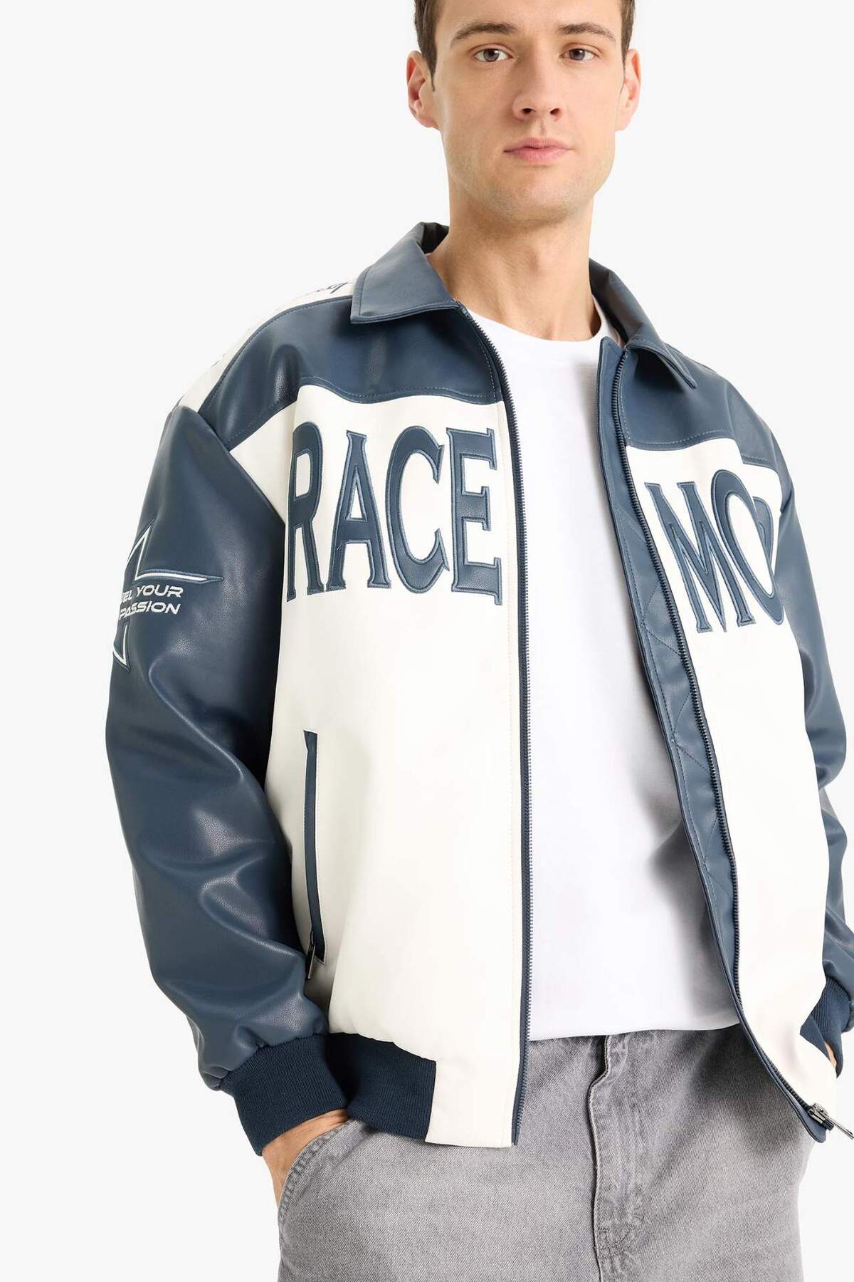 Defacto  Oversize Geniş Kalıp Gömlek Yaka Fermuarlı Nakış Detaylı İç Cepli Suni Deri Mont E8819AX25AU - Görsel 3