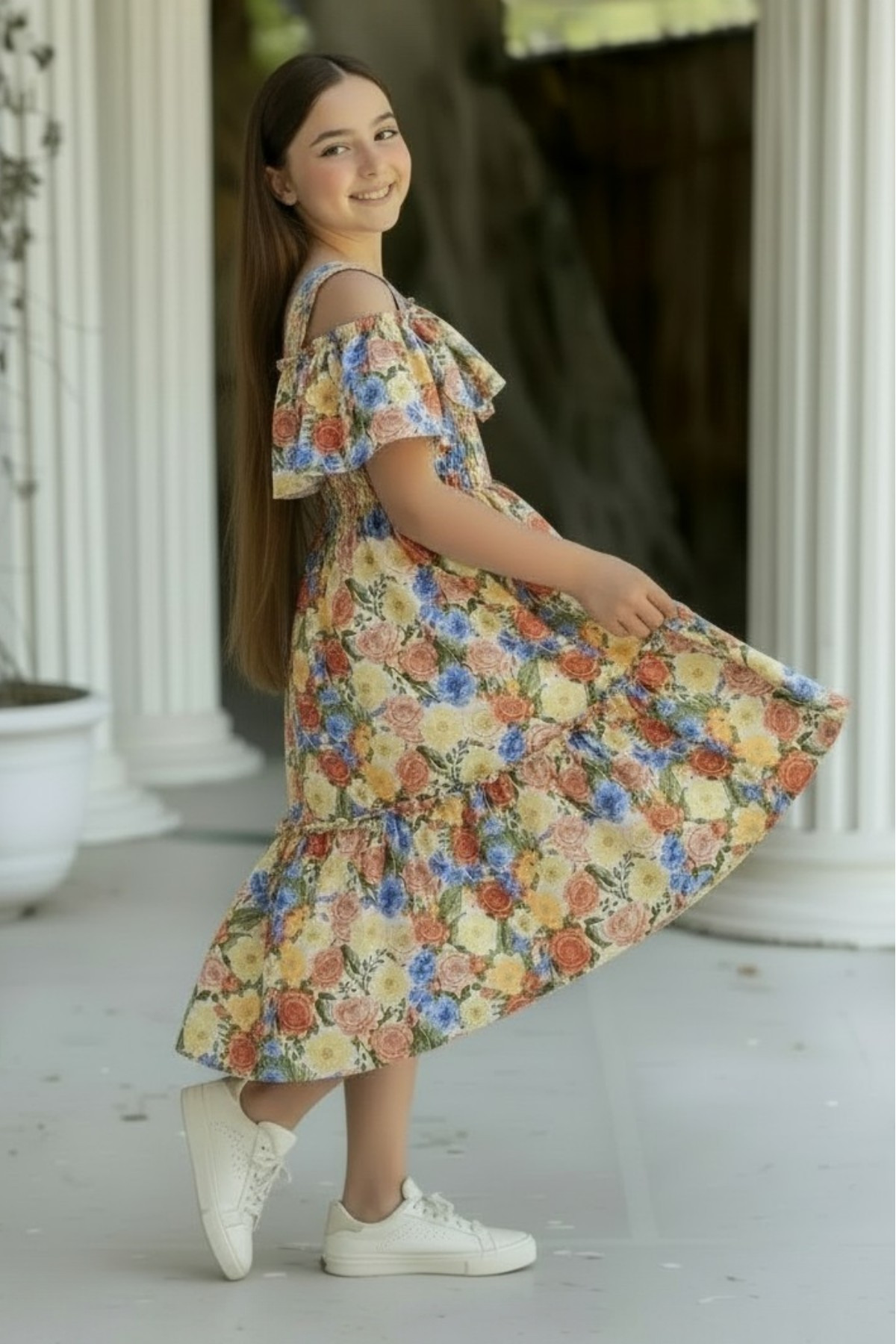 ELAFOR Fırfırlı Madonna Yaka Moss Krep Kumaş Kız Çocuk Çiçekli Elbise(1 YAŞ BÜYÜK ALINIZ)-bayramlık fotoğrafı 5 (önizleme)