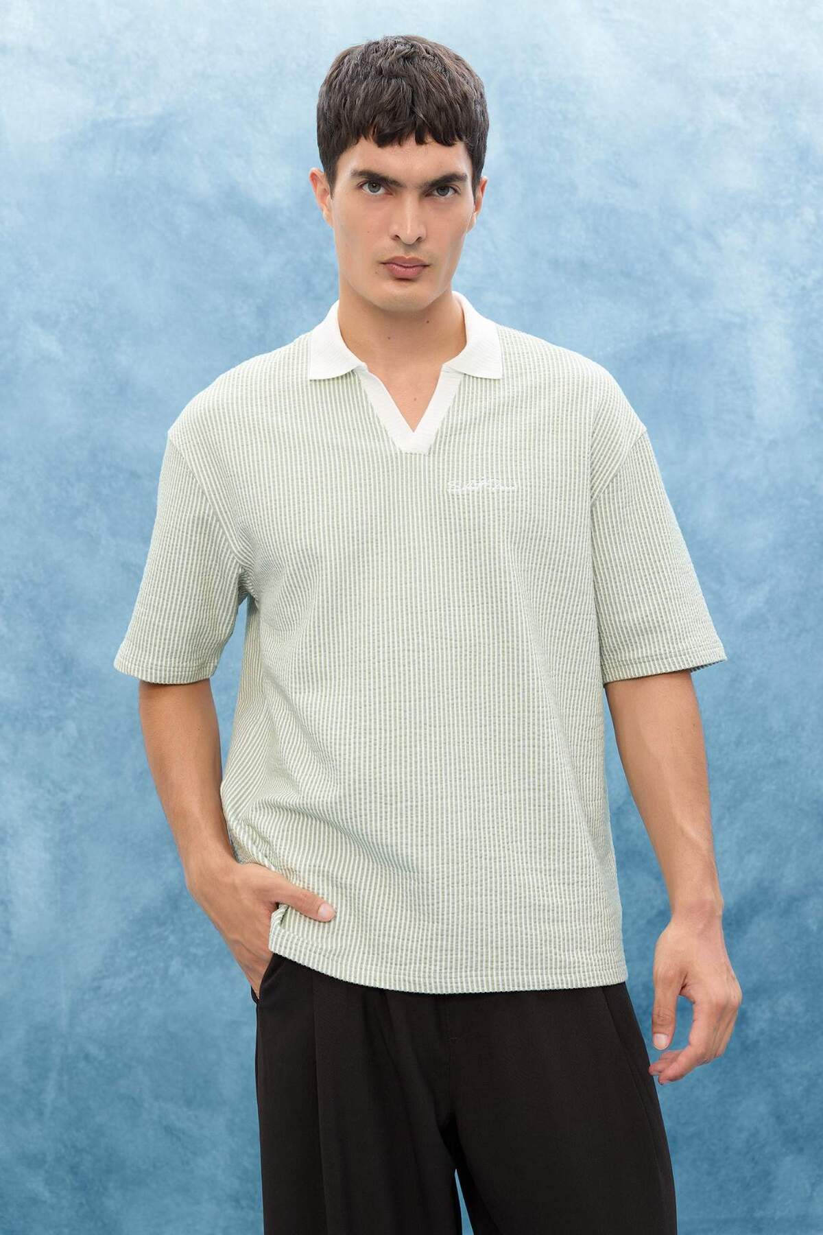 Defacto Textured Boxy Fit Polo T-Shirt F8351Ax25Au