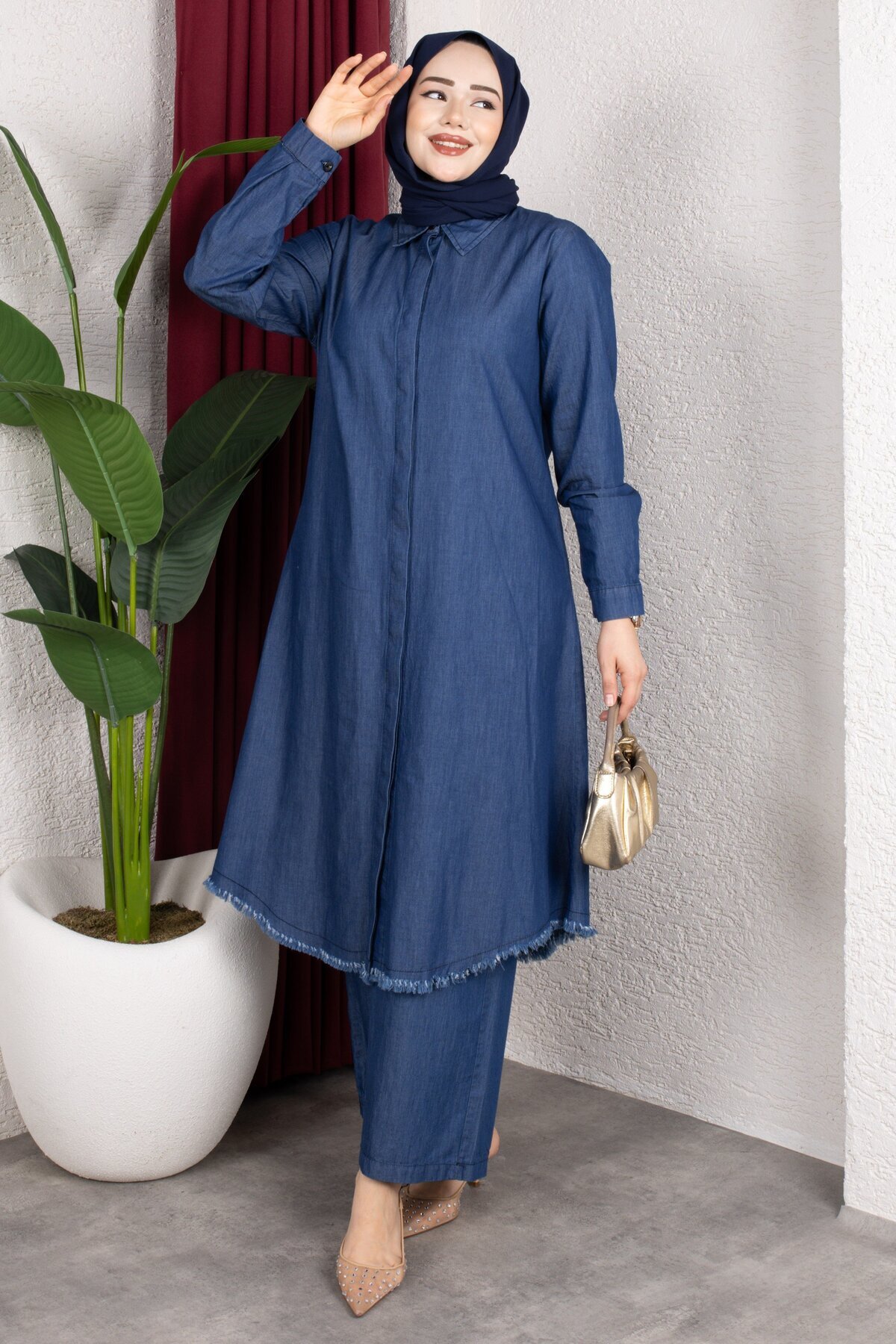 Rabia Zülal  Gömleği Püsküllü Kot Alt Üst Takım Tesettür Takım - Lacivert - Görsel 7