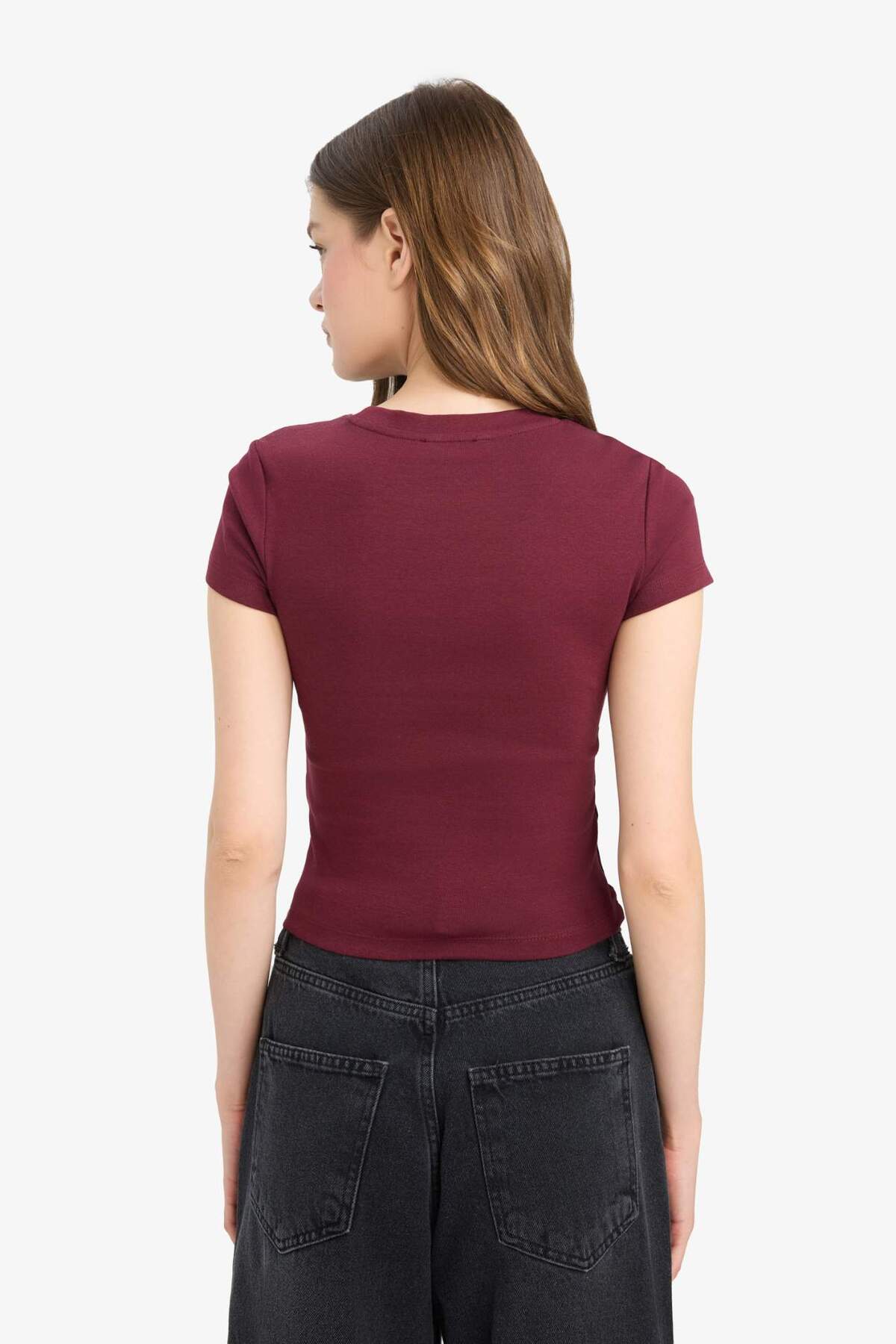 Defacto  Fitted Bisiklet Yaka Ribana Kısa Kollu Tişört E0288AX25AU - Görsel 5