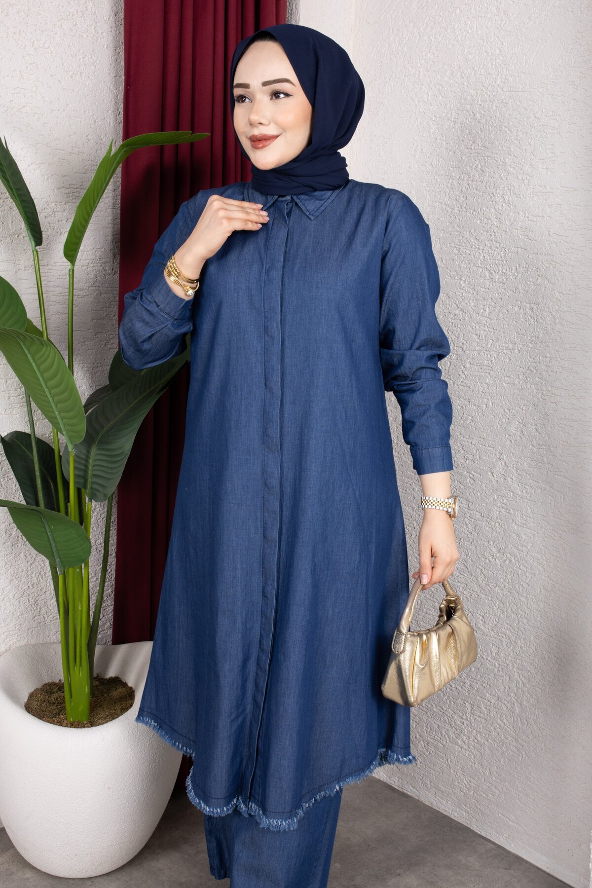 Rabia Zülal  Gömleği Püsküllü Kot Alt Üst Takım Tesettür Takım - Lacivert - Görsel 4