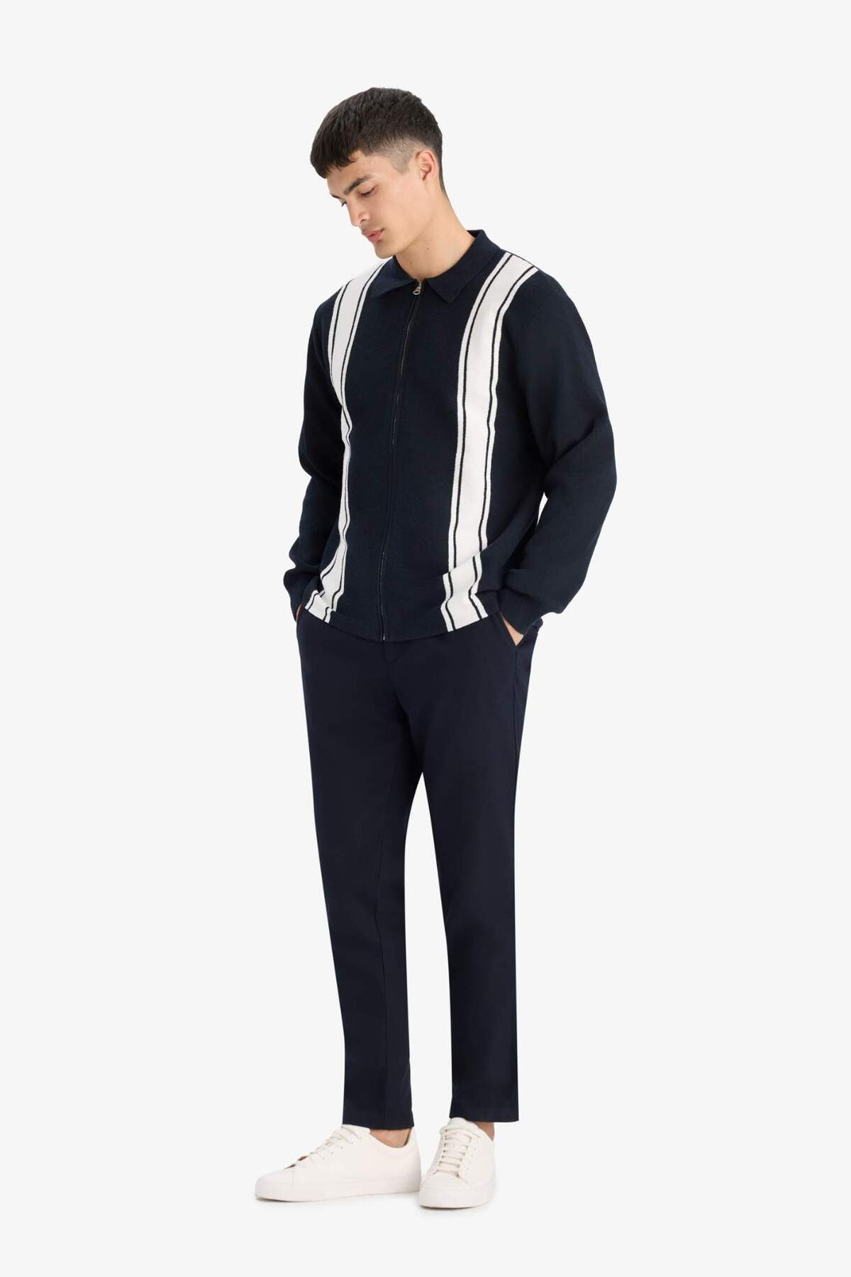 DeFacto Standart Fit Polo Yaka Fermuarlı Çizgili Triko Hırka F4981AX25AU görsel 2