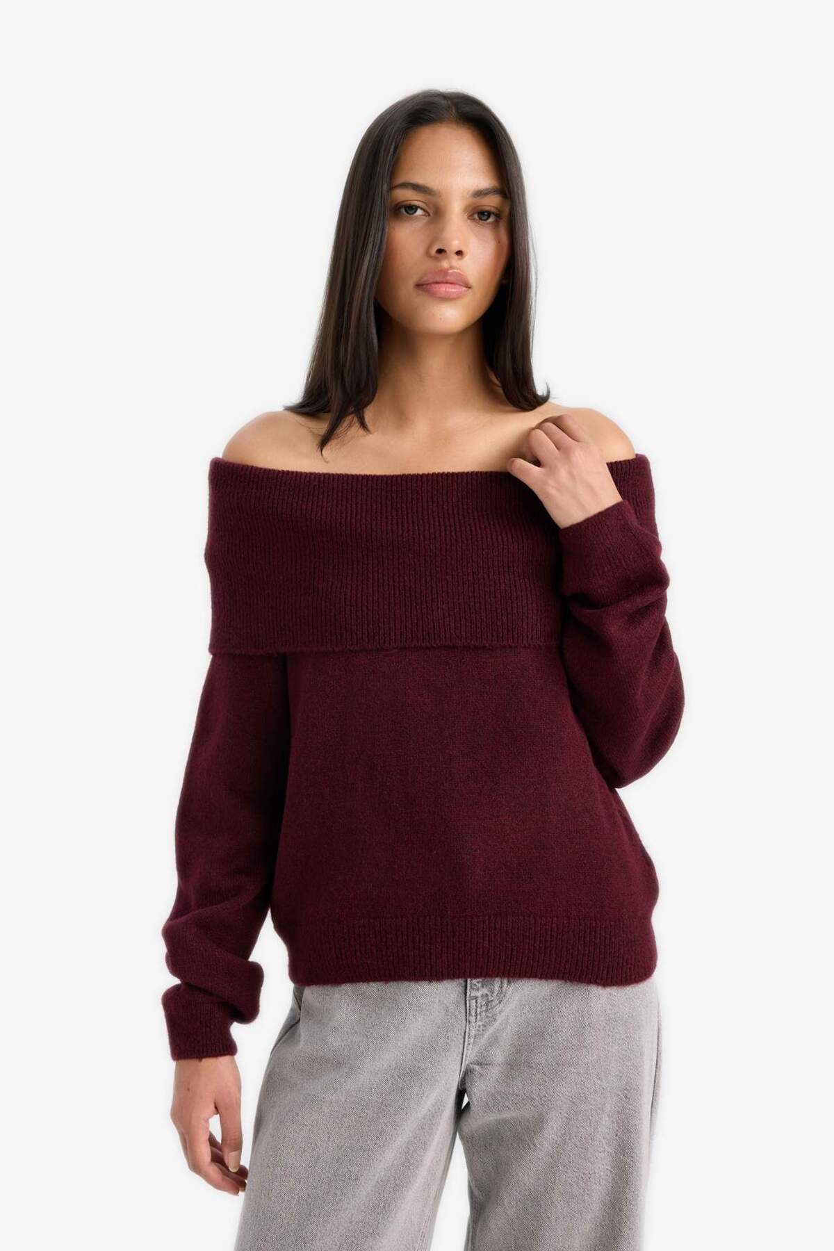 Defacto  Regular Fit Açık Omuz Triko Kazak F3029AX25WN - Görsel 4