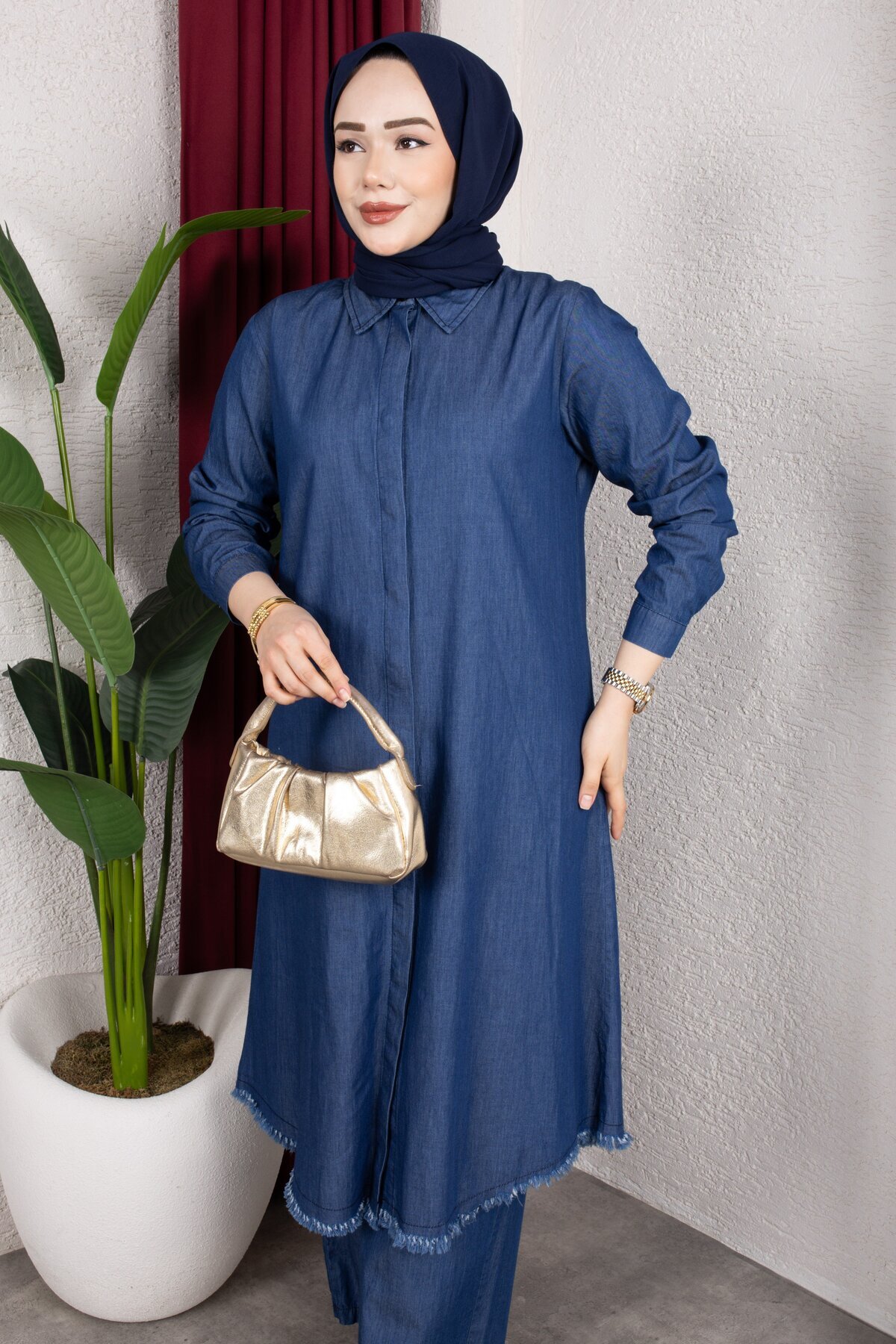 Rabia Zülal  Gömleği Püsküllü Kot Alt Üst Takım Tesettür Takım - Lacivert - Görsel 3