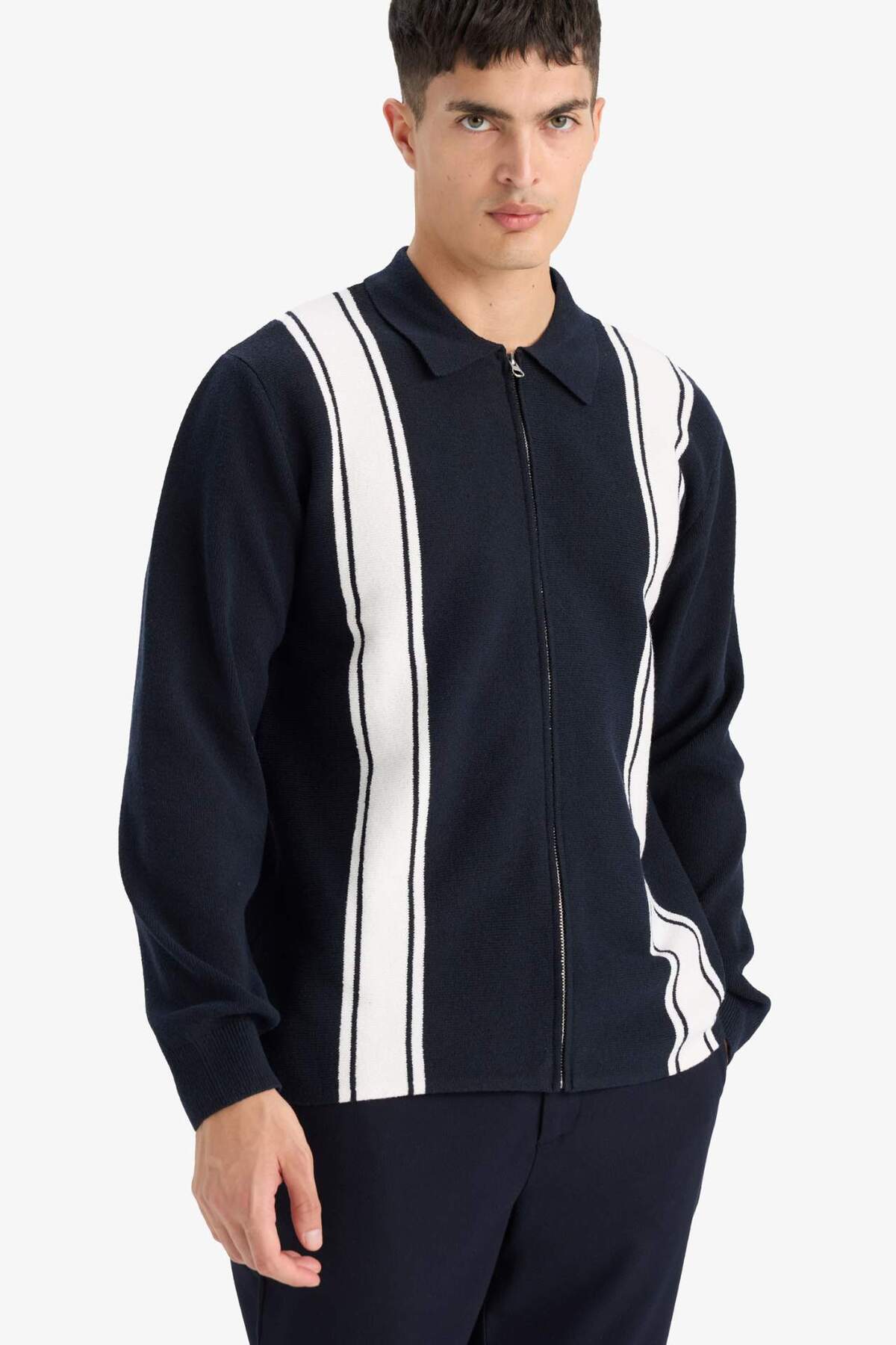 DeFacto Standart Fit Polo Yaka Fermuarlı Çizgili Triko Hırka F4981AX25AU