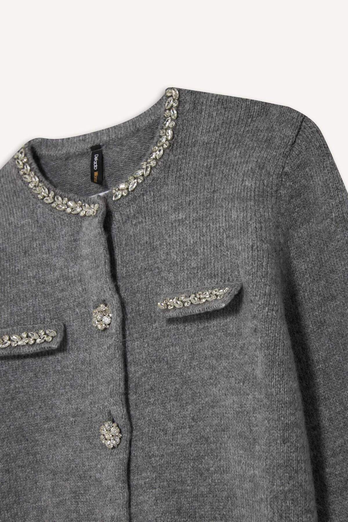 Defacto  Regular Fit Bisiklet Yaka İşlemeli Triko Hırka F3896AX25WN - Görsel 6