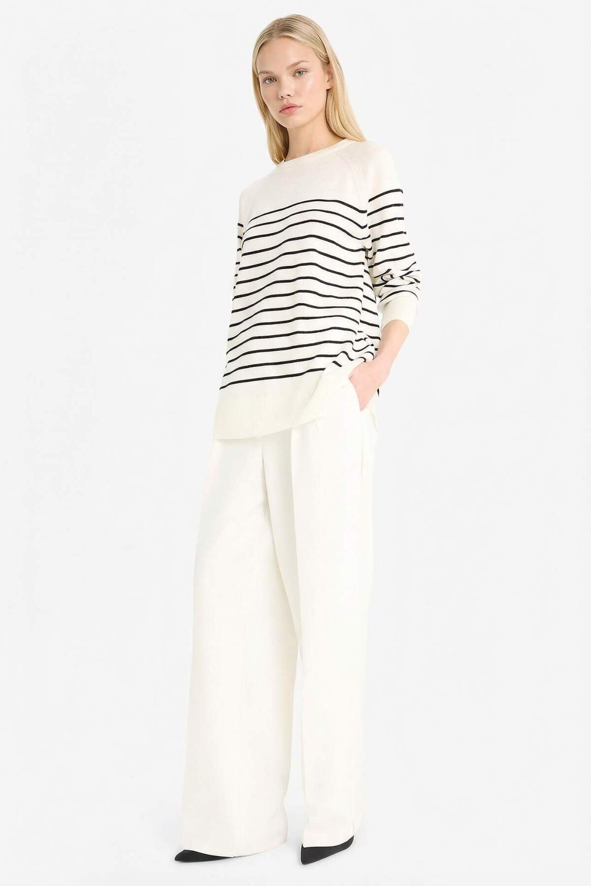 Defacto  Regular Fit Bisiklet Yaka Çizgili Triko Kazak E8486AX25WN - Görsel 2