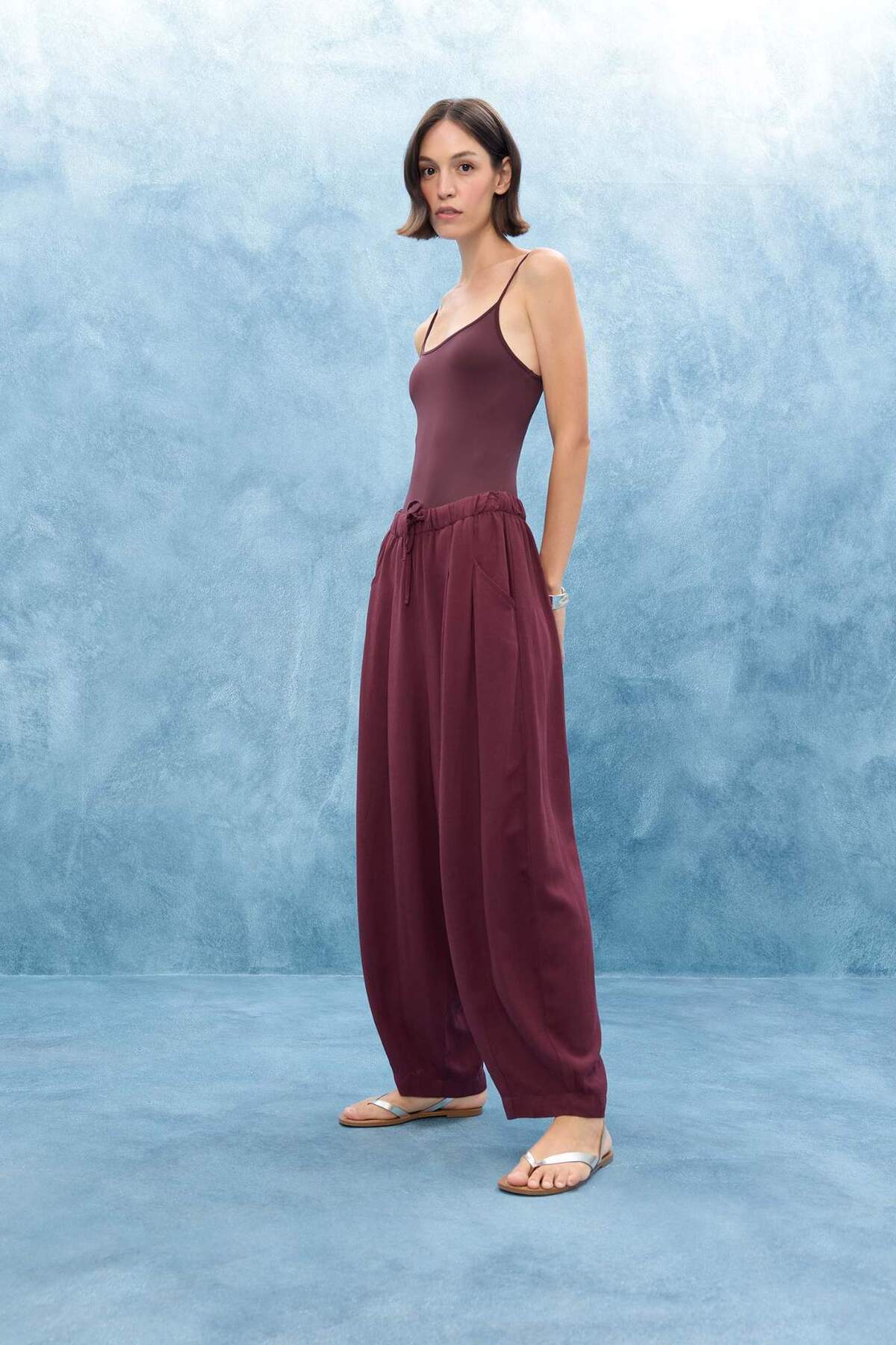 Balloon Fit Double Pocket Regular Waist Standard Size Linen Blended Pants F9961AX25AU