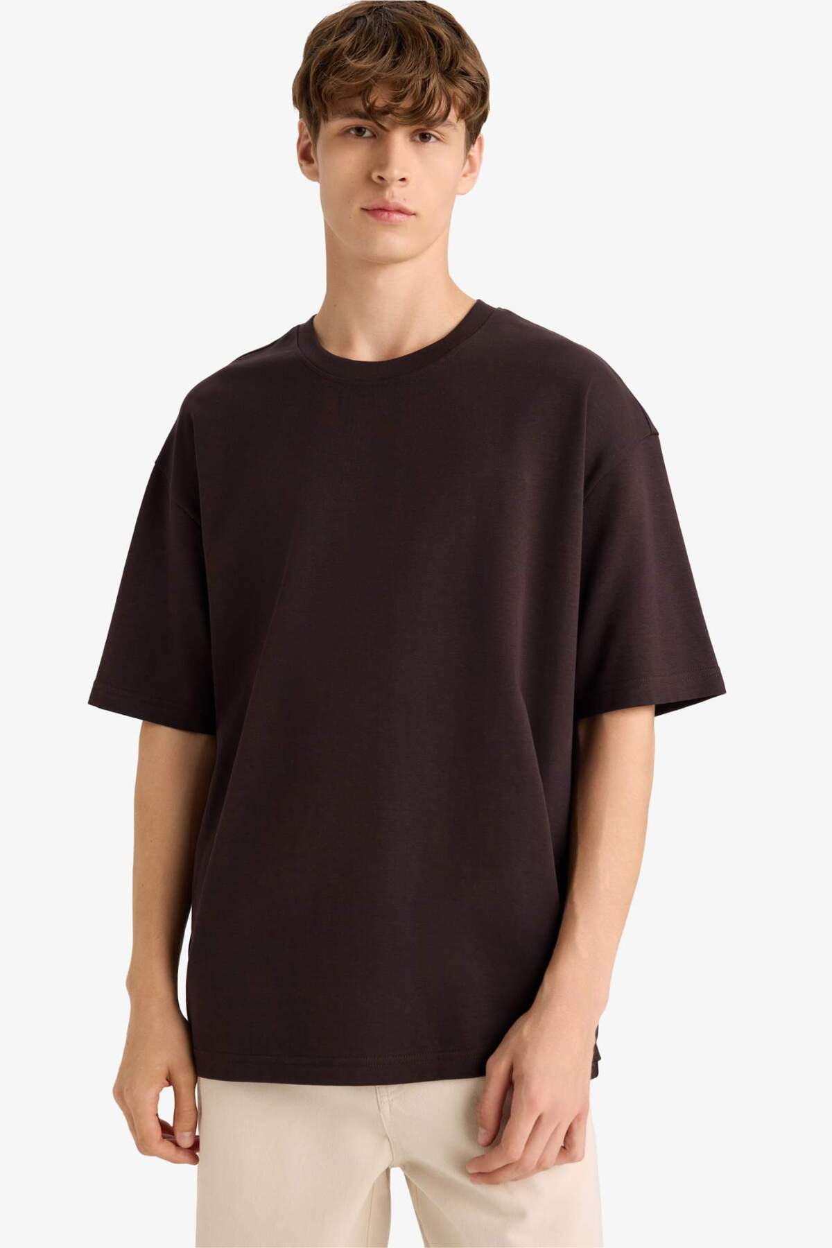 Defacto  Oversize Geniş Kalıp Bisiklet Yaka Ağır Kumaş Basic Düz Kısa Kollu Tişört E9798AX25AU - Görsel 4