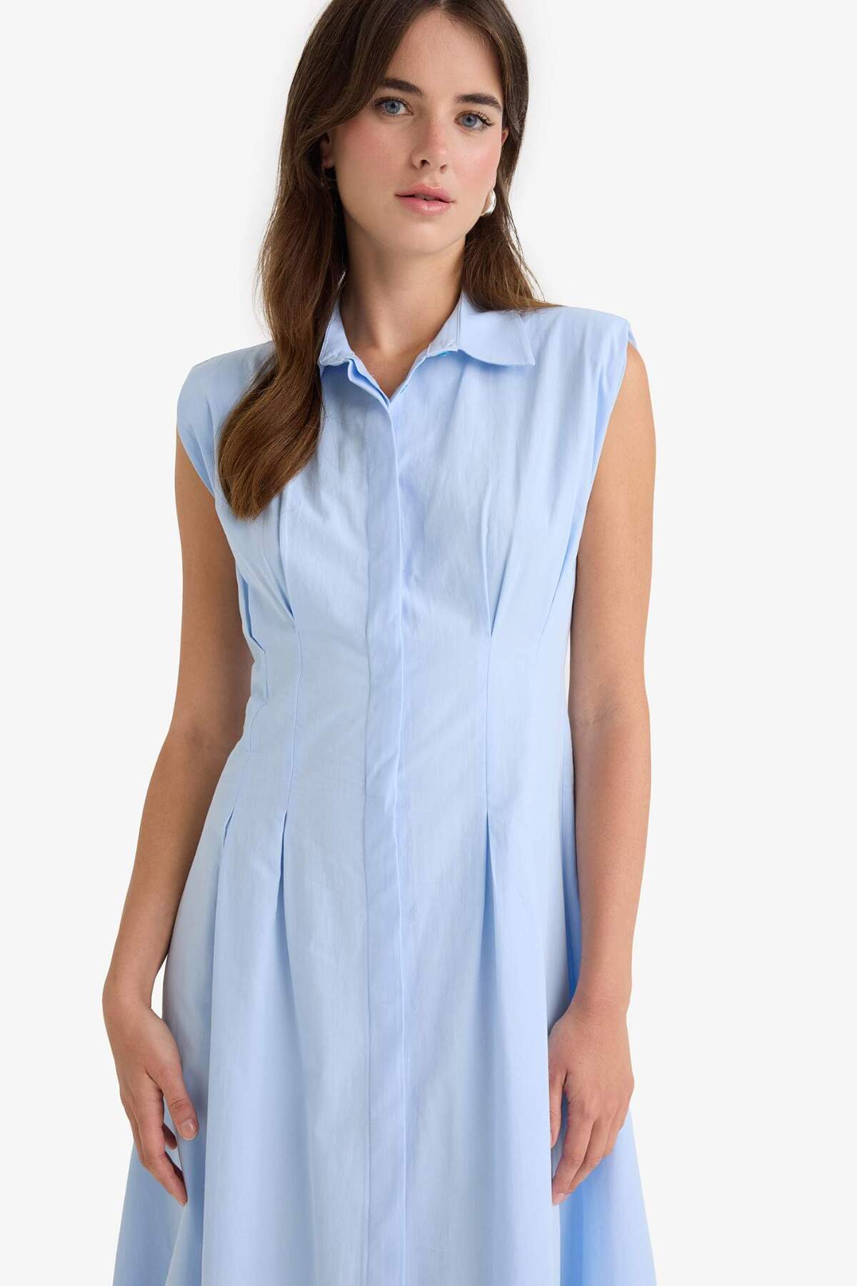 Defacto  %100 Pamuk Flare Fıt Poplin Kolsuz Midi Elbise F7301AX25AU - Görsel 4