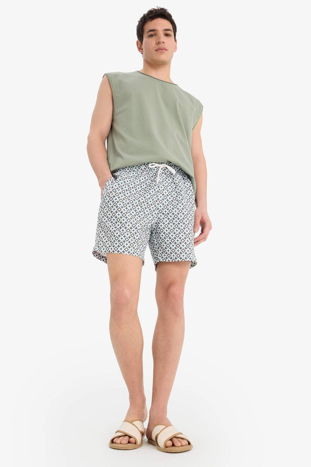 Defacto Patterned Mesh Lined Short Length Sea Shorts E0996Ax25Hs