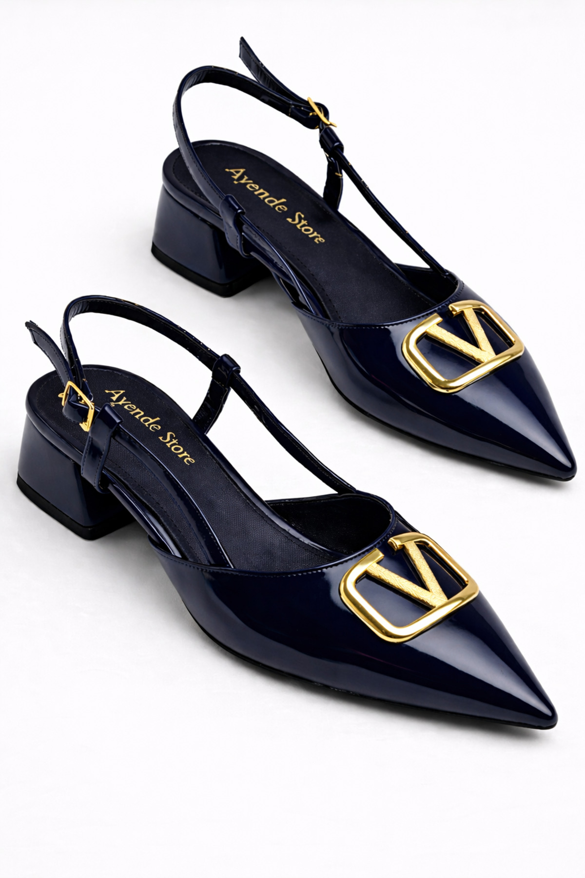 Women's Short Block Heeled Shoes with Navy Blue Pointed Toe Buckle