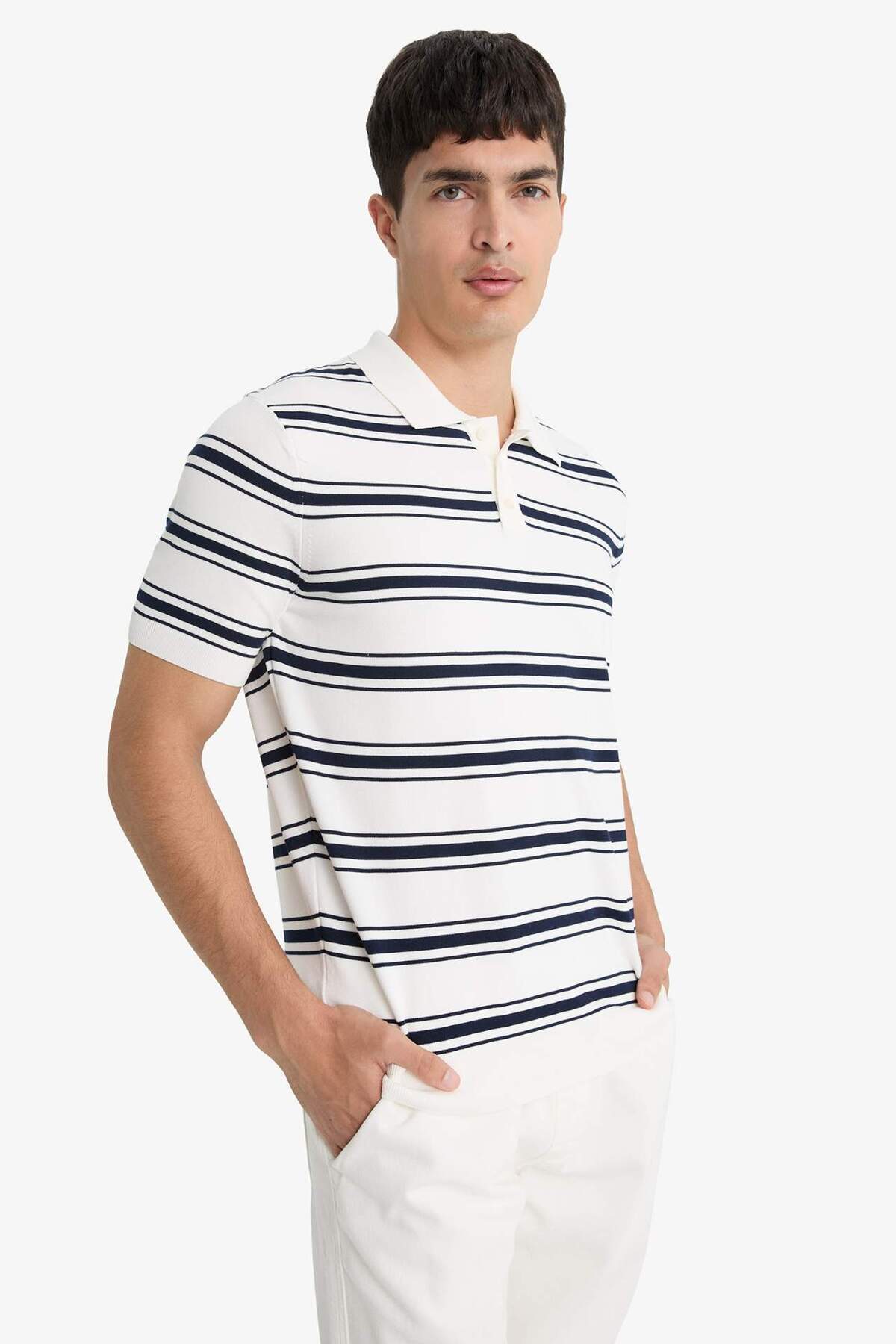 Defacto Striped Polo Neck Knitwear Short Sleeve T-Shirt F6331Ax25Sm