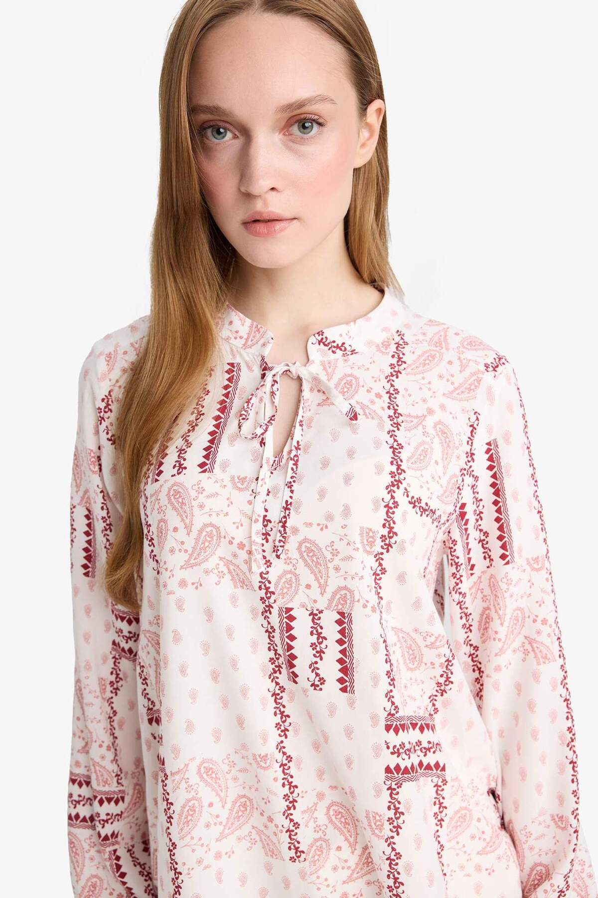 Regular Fit Patterned Apache Neck Long Sleeve Blouse N1809AZ25SP