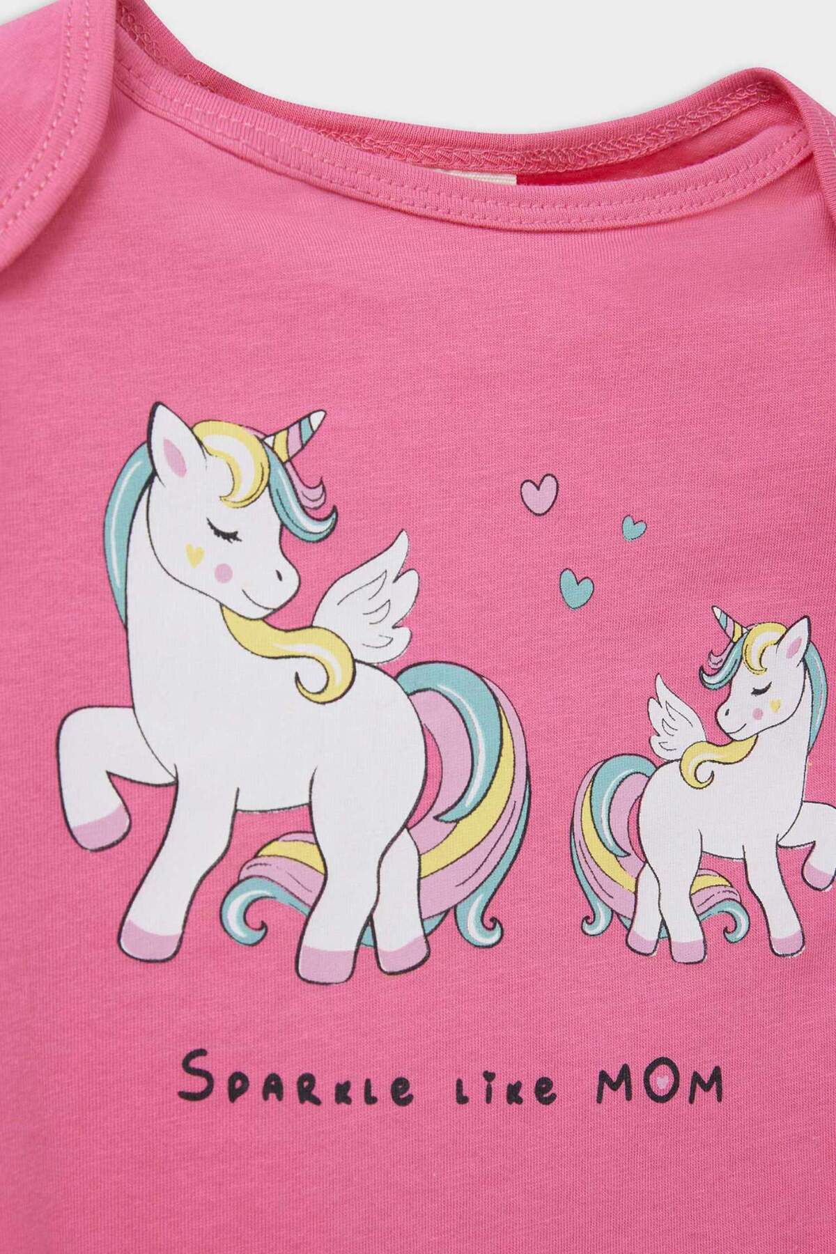 Defacto Unicorn Baskılı Penye 2'li Kısa Kollu Tulum Kız Bebek Yenidoğan E4025A525HS fotoğrafı 4 (önizleme)