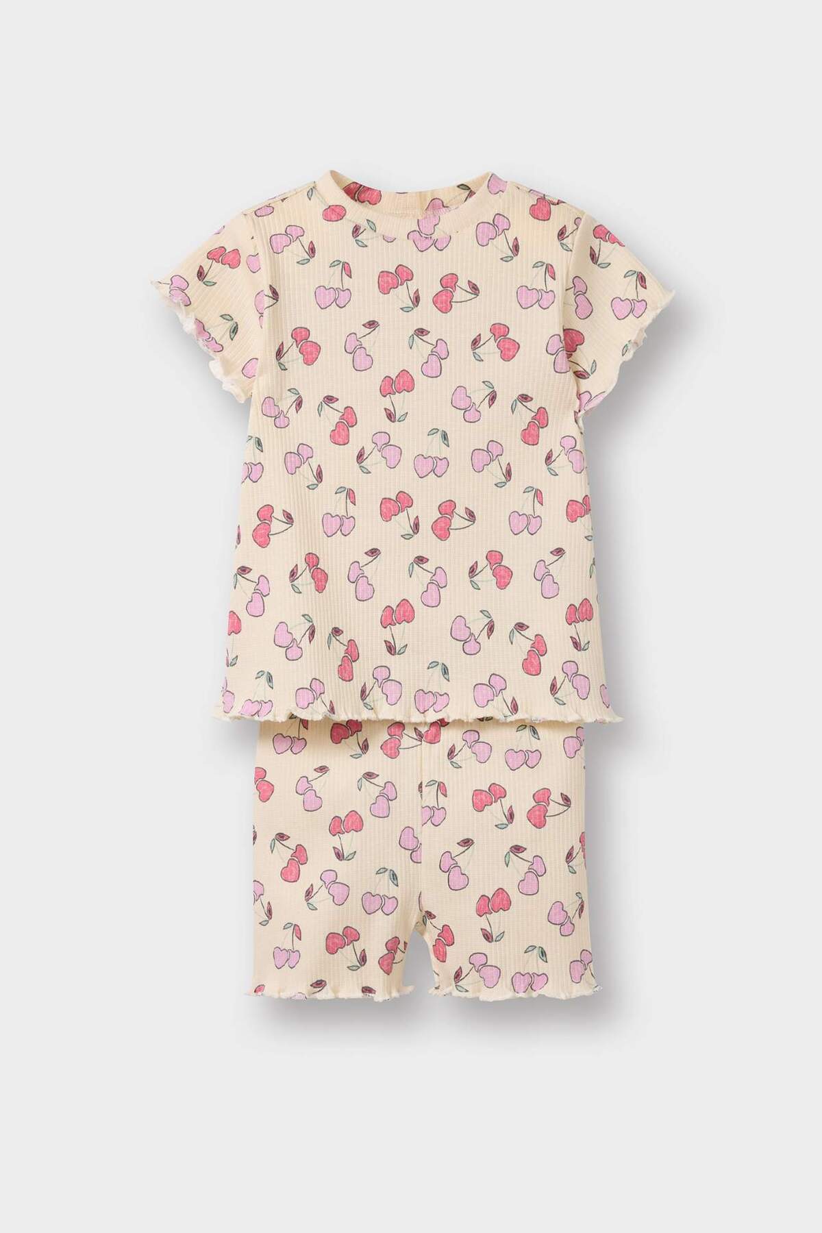 Defacto 2'li Takım Desenli Fitilli Kaşkorse Kısa Kollu Tişört Şort Kız Bebek E0724A525SM fotoğrafı 3 (önizleme)