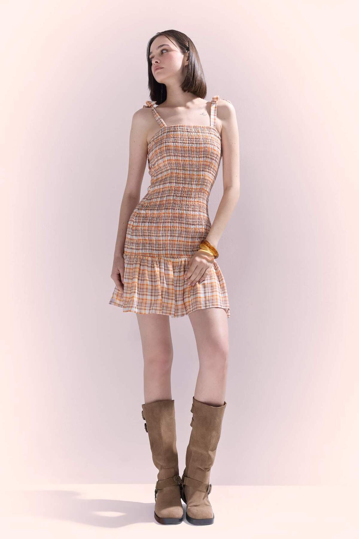 Defacto Checkered Strappy Mini Dress F5131Ax25Sm