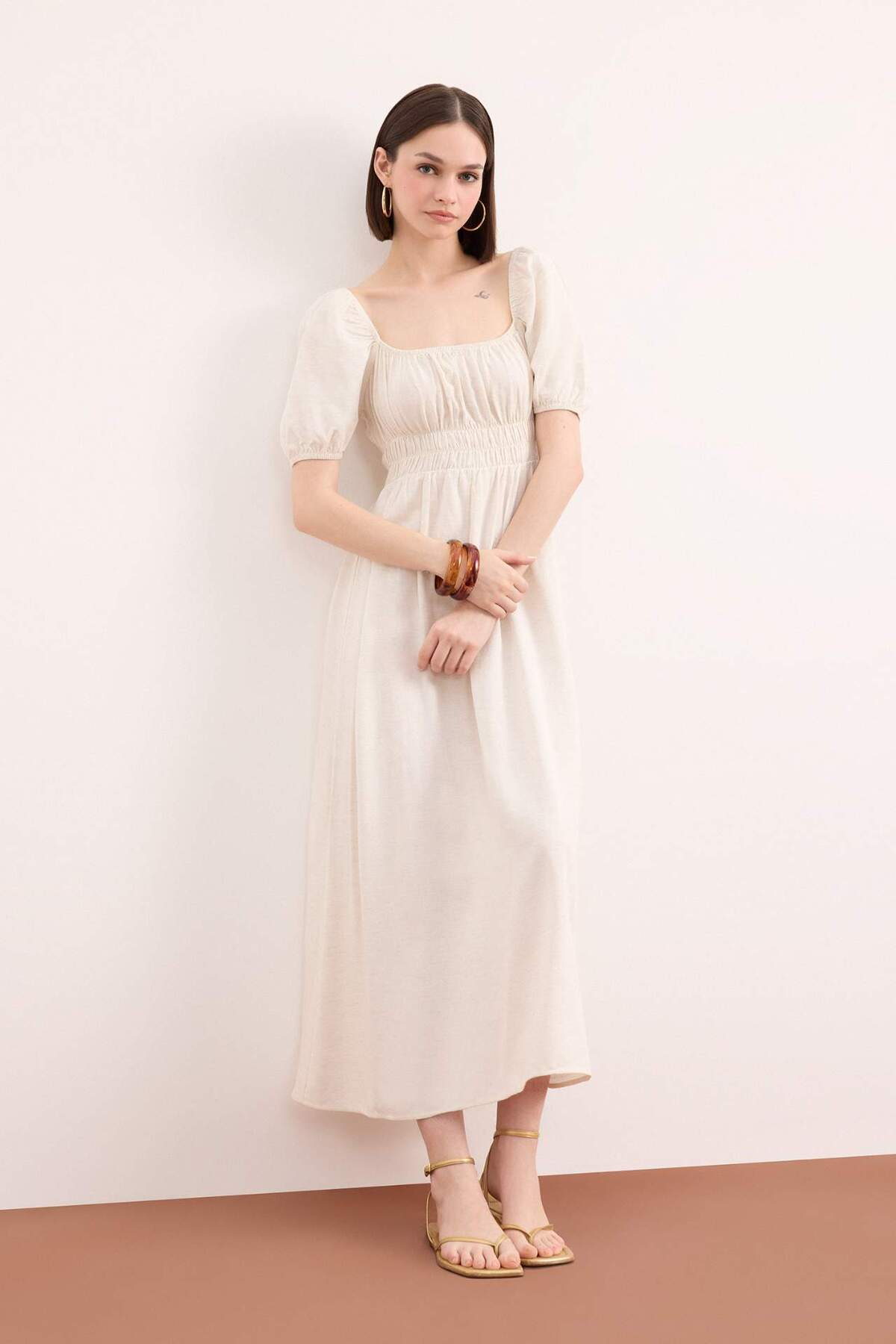 Defacto Square Neck Linen Blend Short Sleeve Midi Summer Dress E6013Ax25Sm