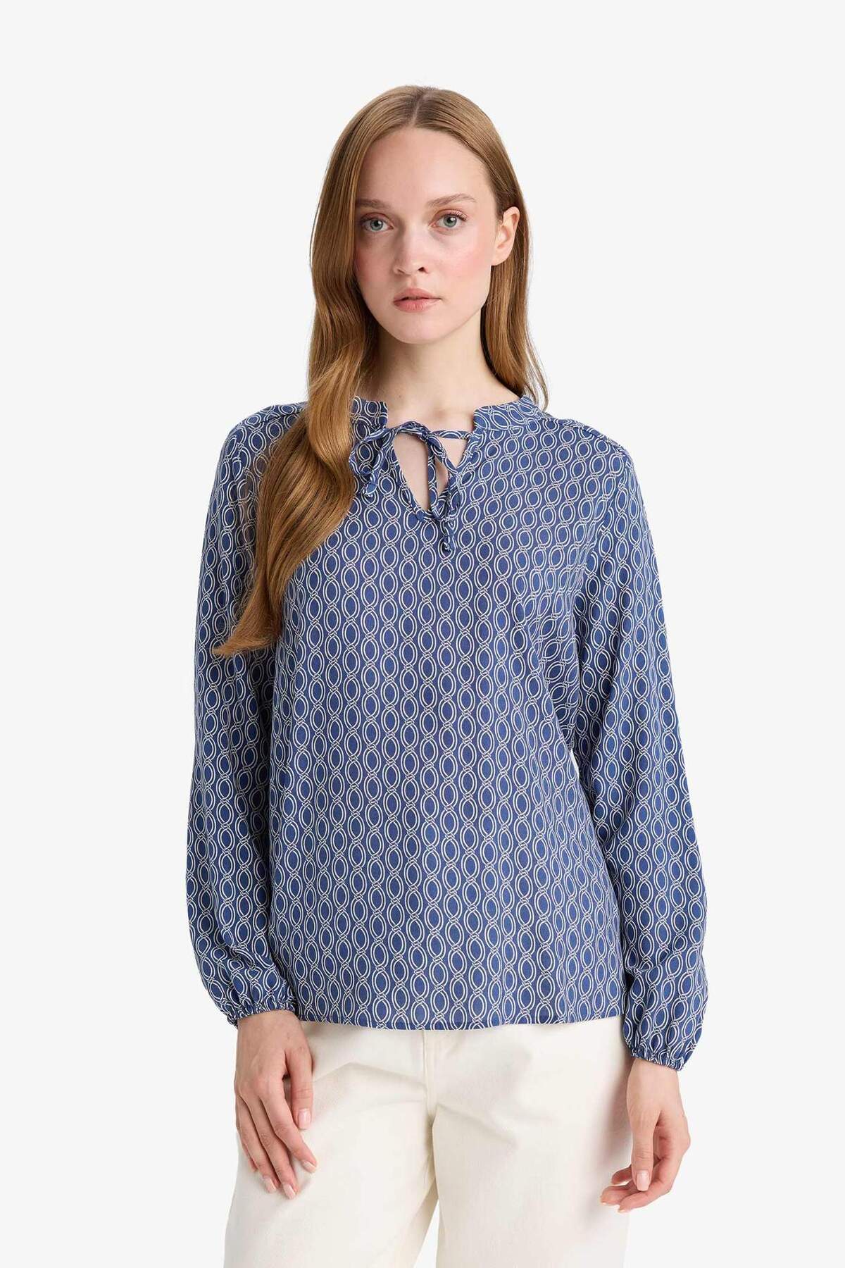 Regular Fit Lace-up Collar Patterned Long Sleeve Blouse N1809AZ25SP