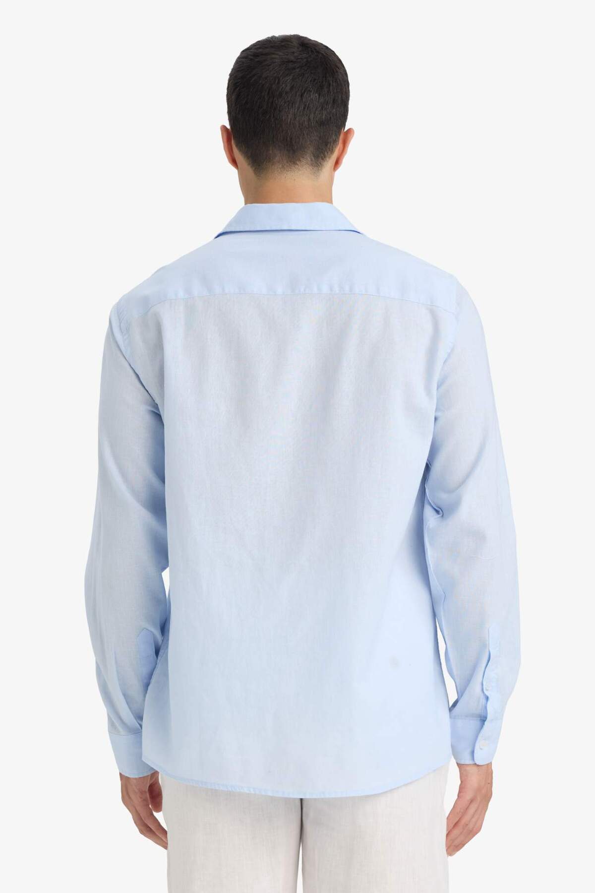 Regular Fit Polo Yaka Keten Karışımlı Yazlık Uzun Kollu Gömlek E0518AX25SM — آبی — تصویر 5 از 5