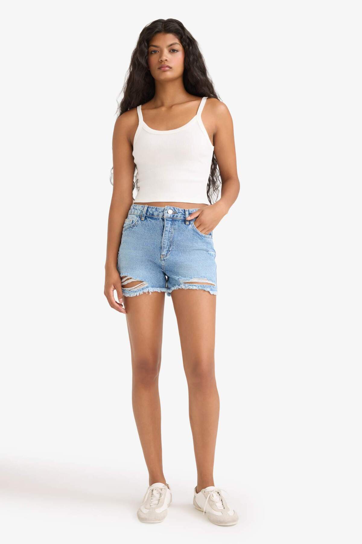 100% Cotton High Waist Leg Cut Off Jean Shorts E0504AX25SM