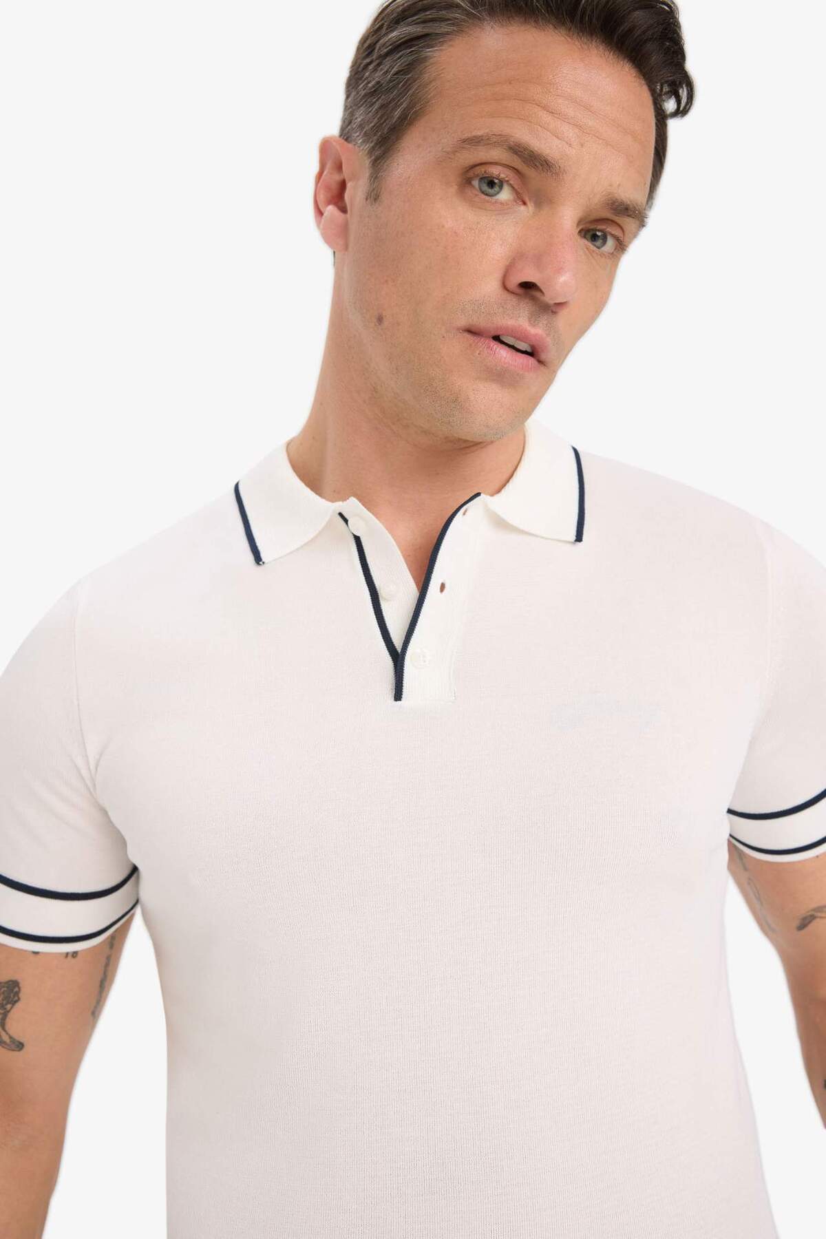 Defacto Standard Fit Polo Collar Short Sleeve White Knitwear T-Shirt E3251Ax25Sm