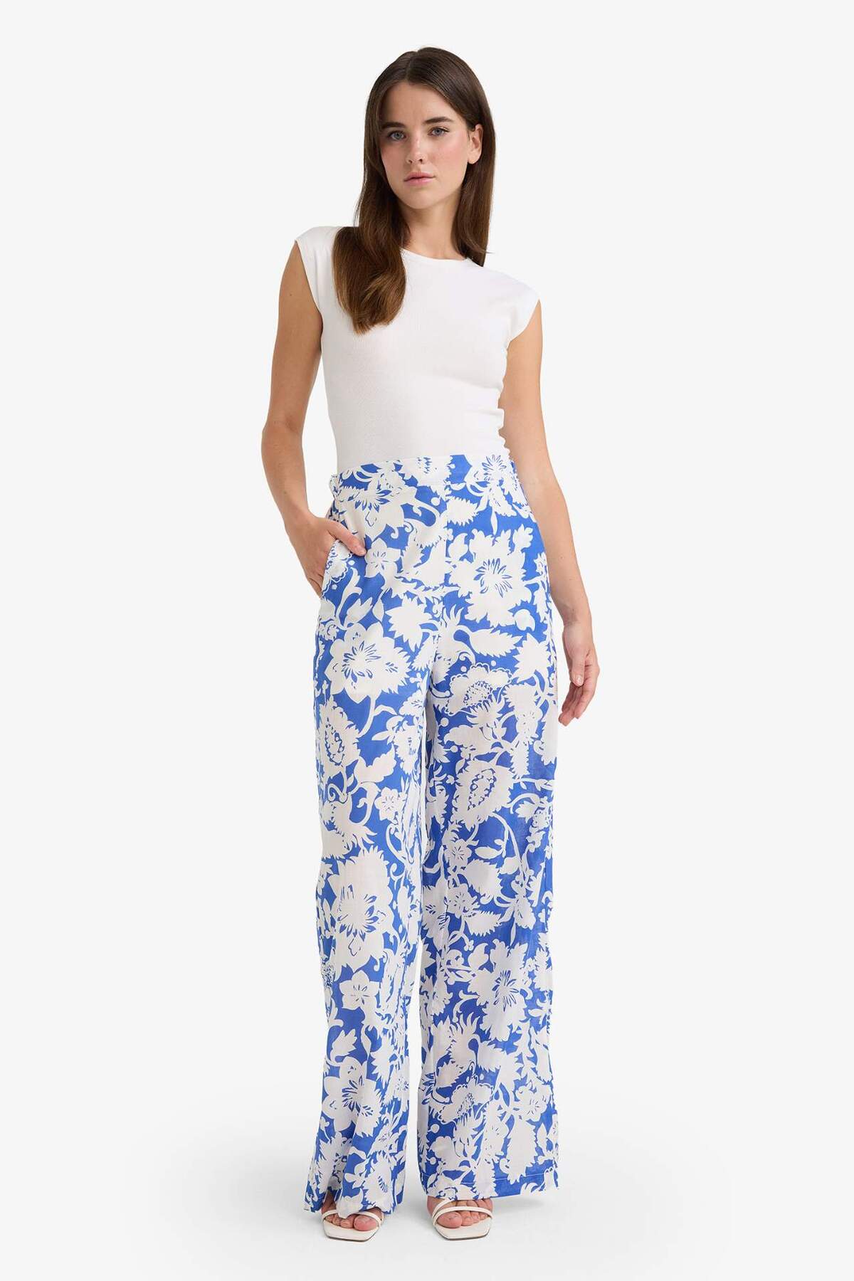 Defacto 100% Cotton Wide Leg Double Pocket High Waist Wide Leg Patterned Voile Palazzo Trousers F1470Ax25Sm
