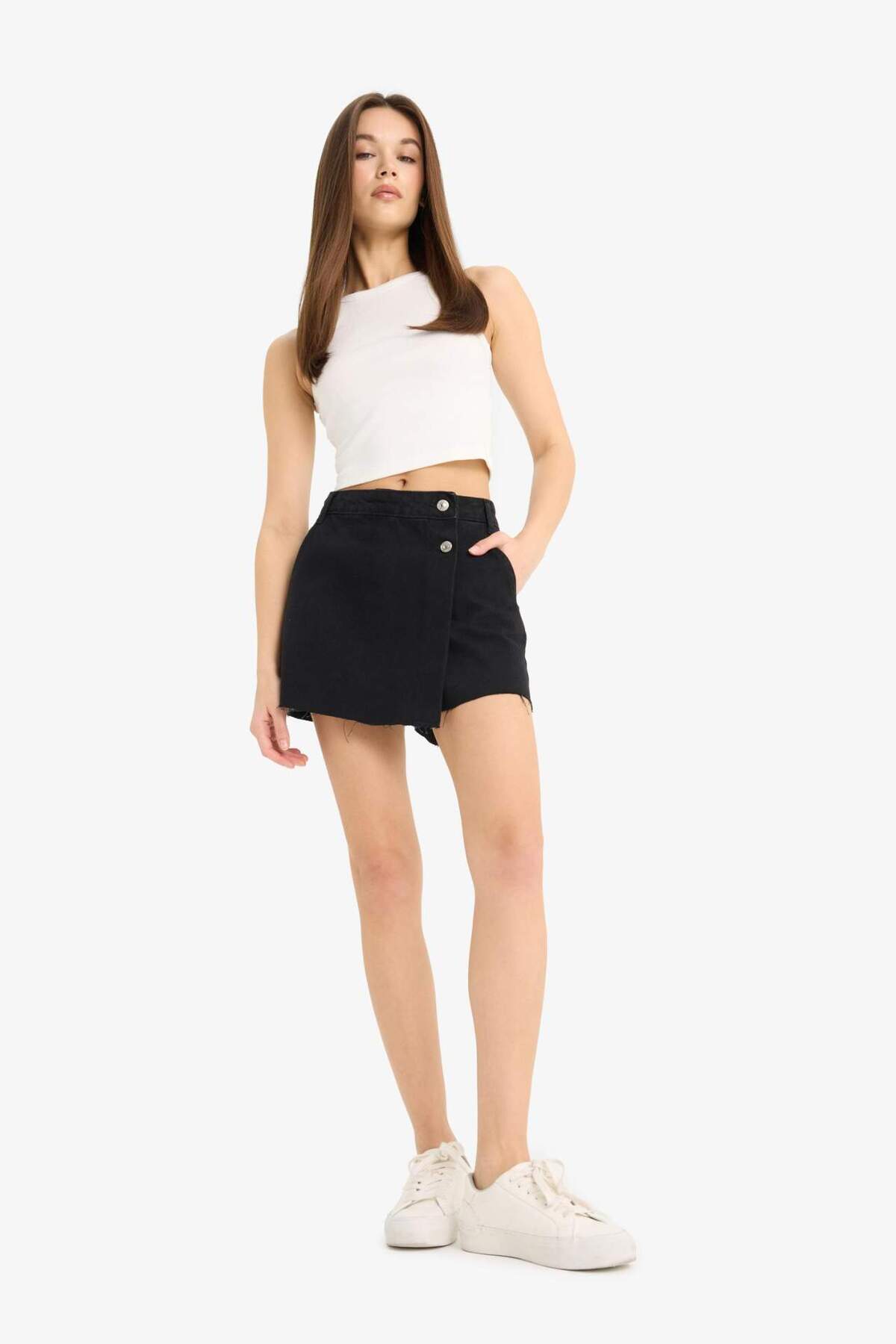 Mini Jean Shorts Skirt with High Waist Pockets E4696AX25SM