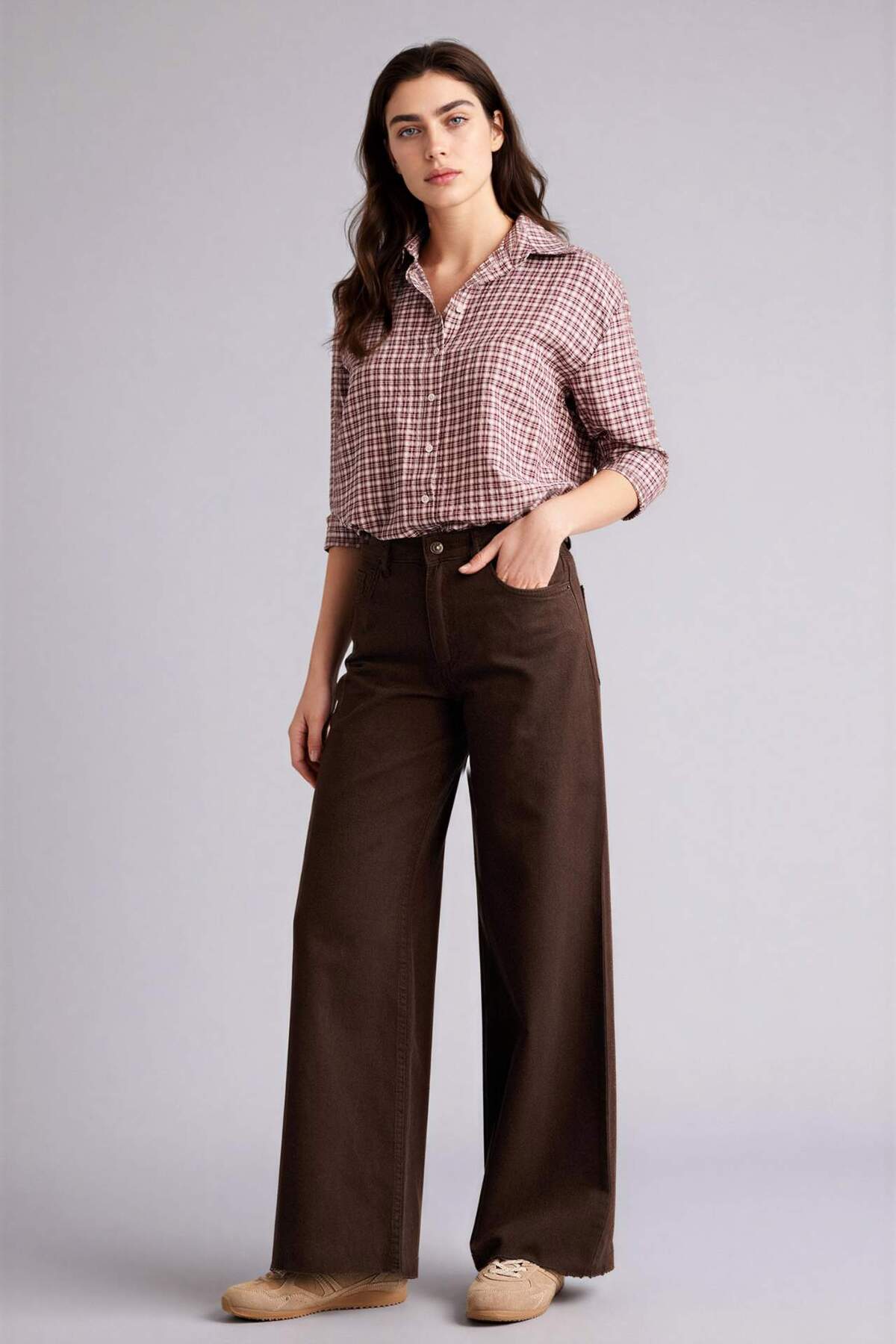 100% Cotton Wıde Leg Regular Waist Gabardine Pants E4381AX25SP