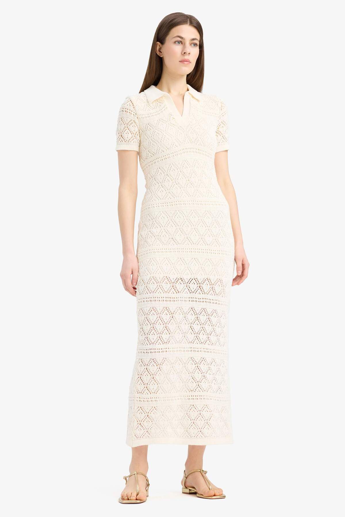 Defacto Polo Neck Short Sleeve Openwork Maxi Dress E8859Ax25Sp