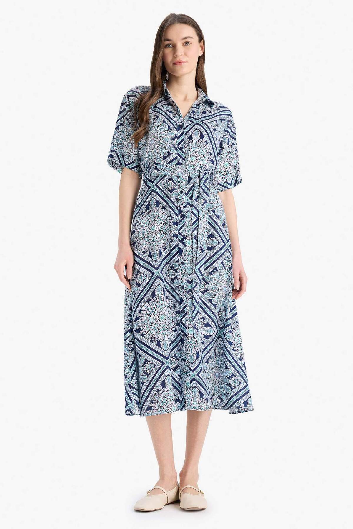 DeFacto A-Linien-Kleid mit Hemdkragen, gemustert, Schnürung, kurze Ärmel, Mid...
