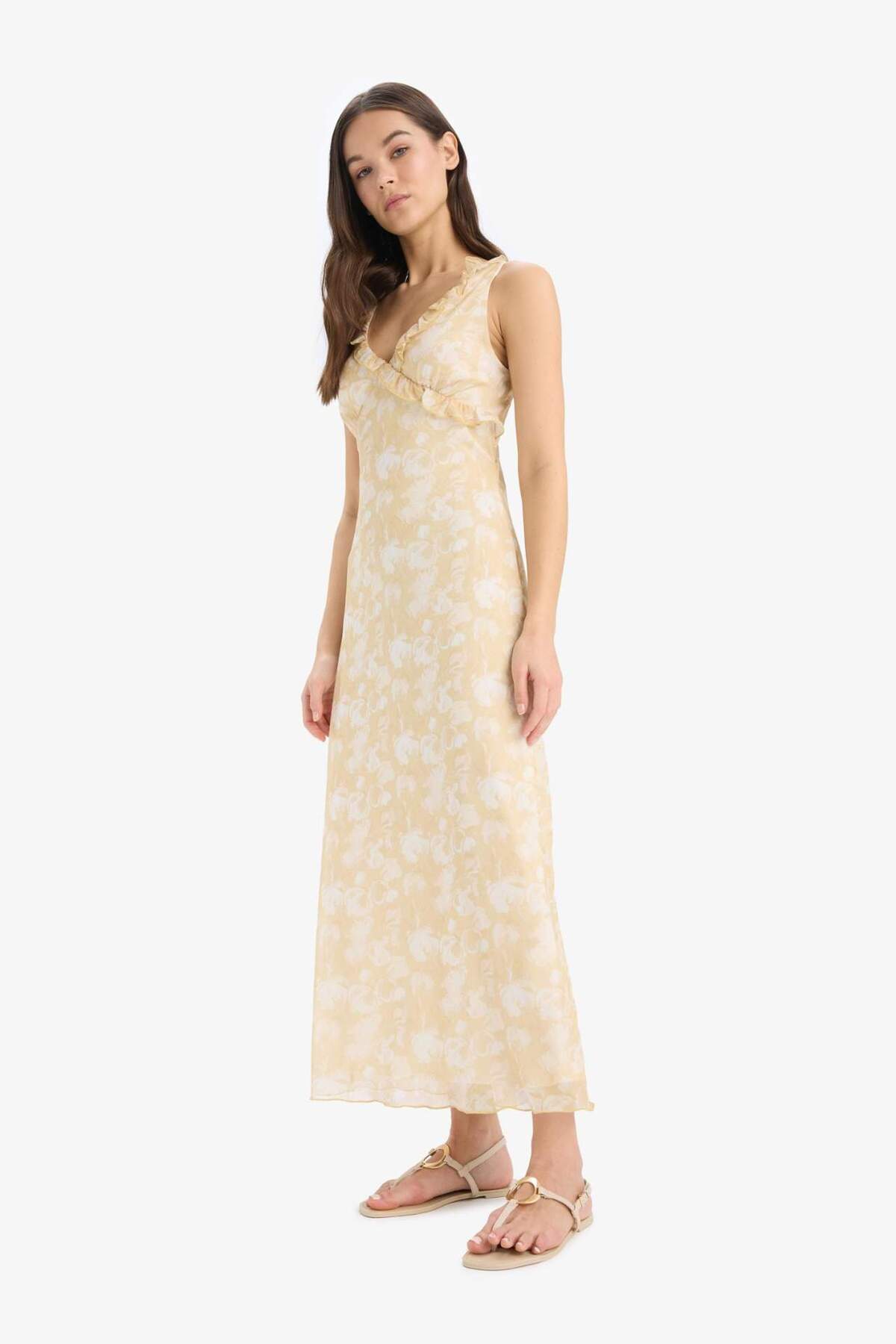 Defacto  Bodycon Vücudu Saran Desenli Tül Askılı Midi Elbise E6809AX25SP - Görsel 3