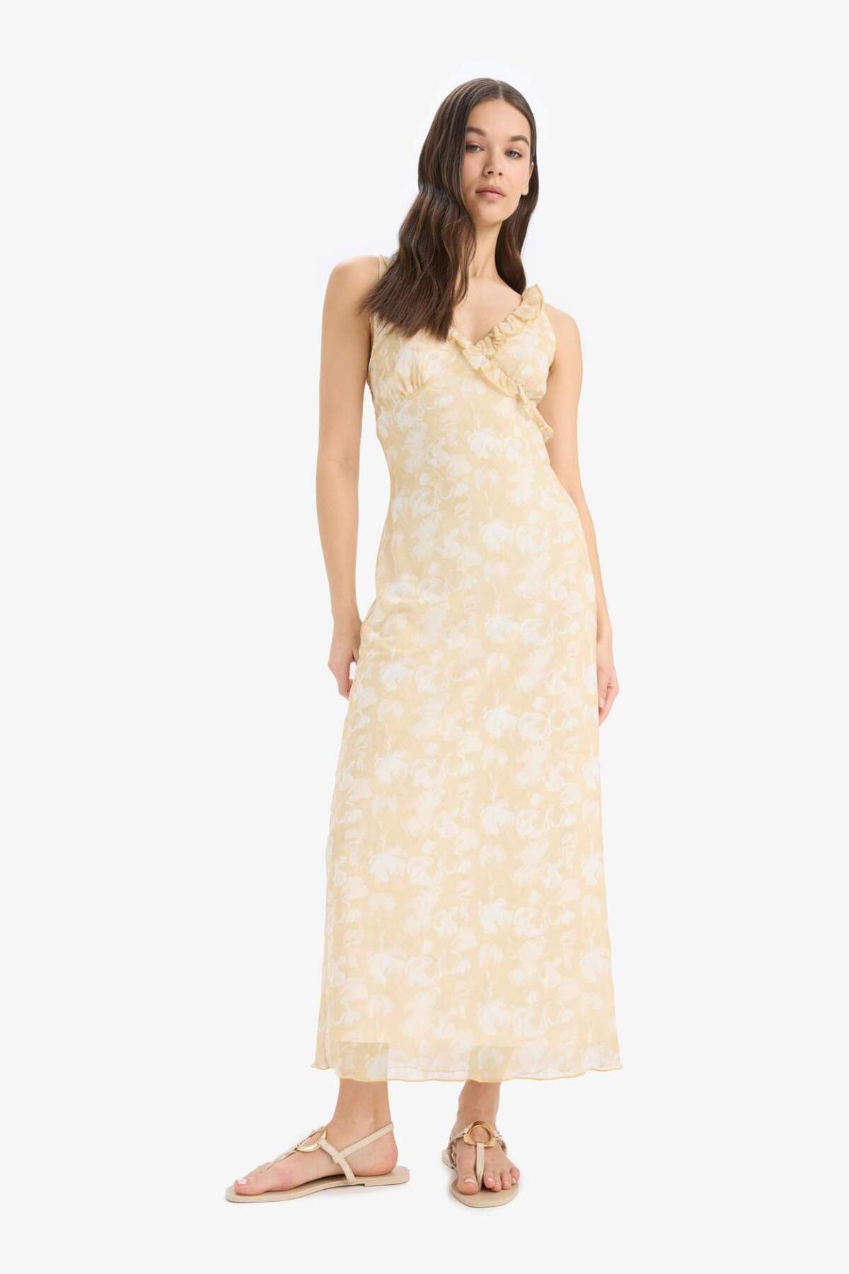 Defacto  Bodycon Vücudu Saran Desenli Tül Askılı Midi Elbise E6809AX25SP - Görsel 4