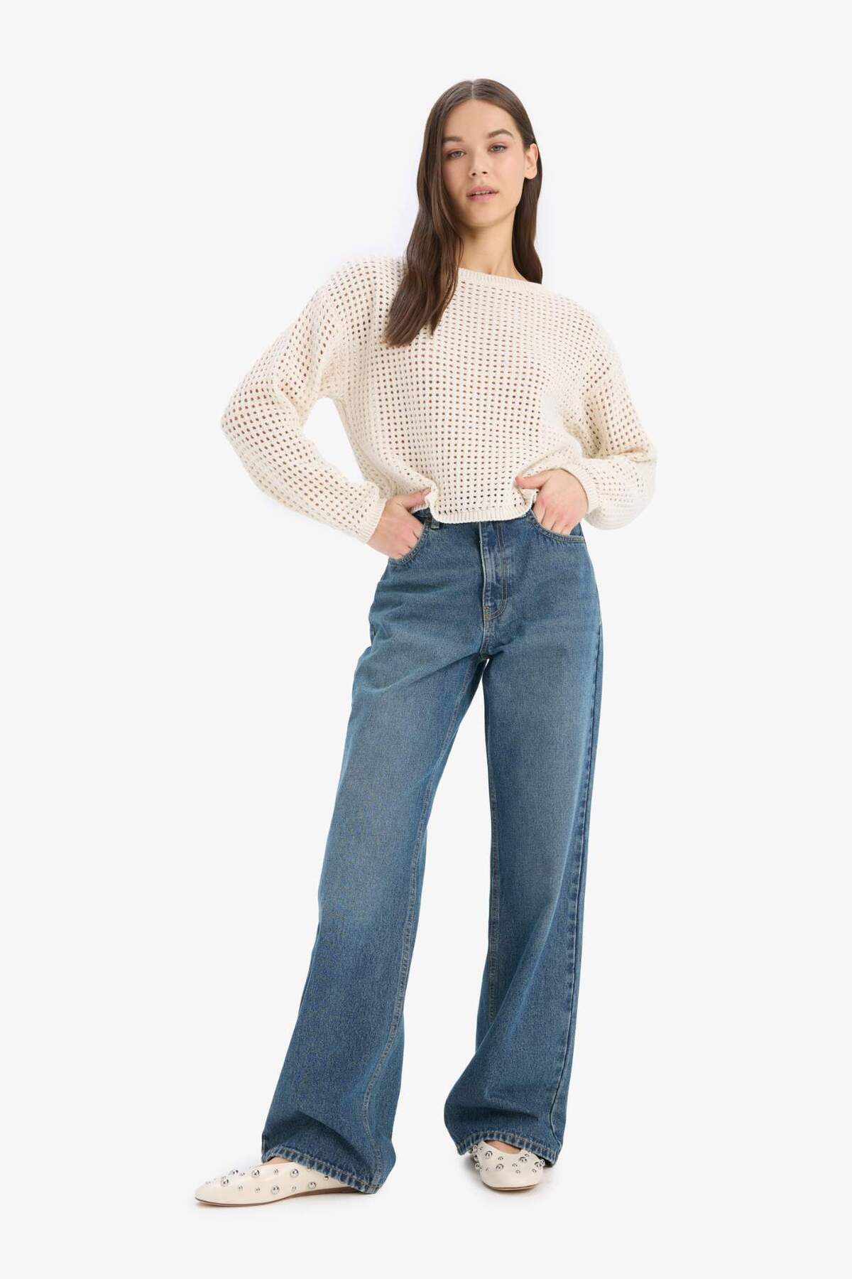 Defacto  Regular Fit Bisiklet Yaka Kroşe Triko Kazak T4513AZ25SP - Görsel 2